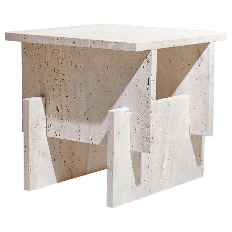 "Fit Side Table" Minimalist Travertine Cream Marble Side Table by Aparentment For Sale