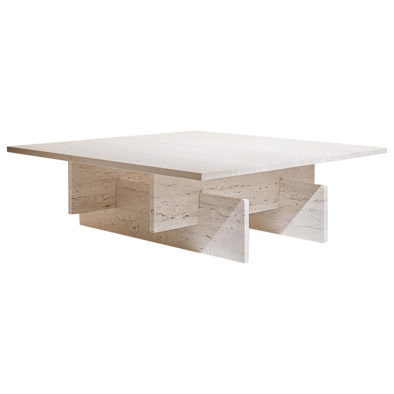 “Fit Table” Minimalist Travertine Marble Coffee Table by Aparentment For Sale