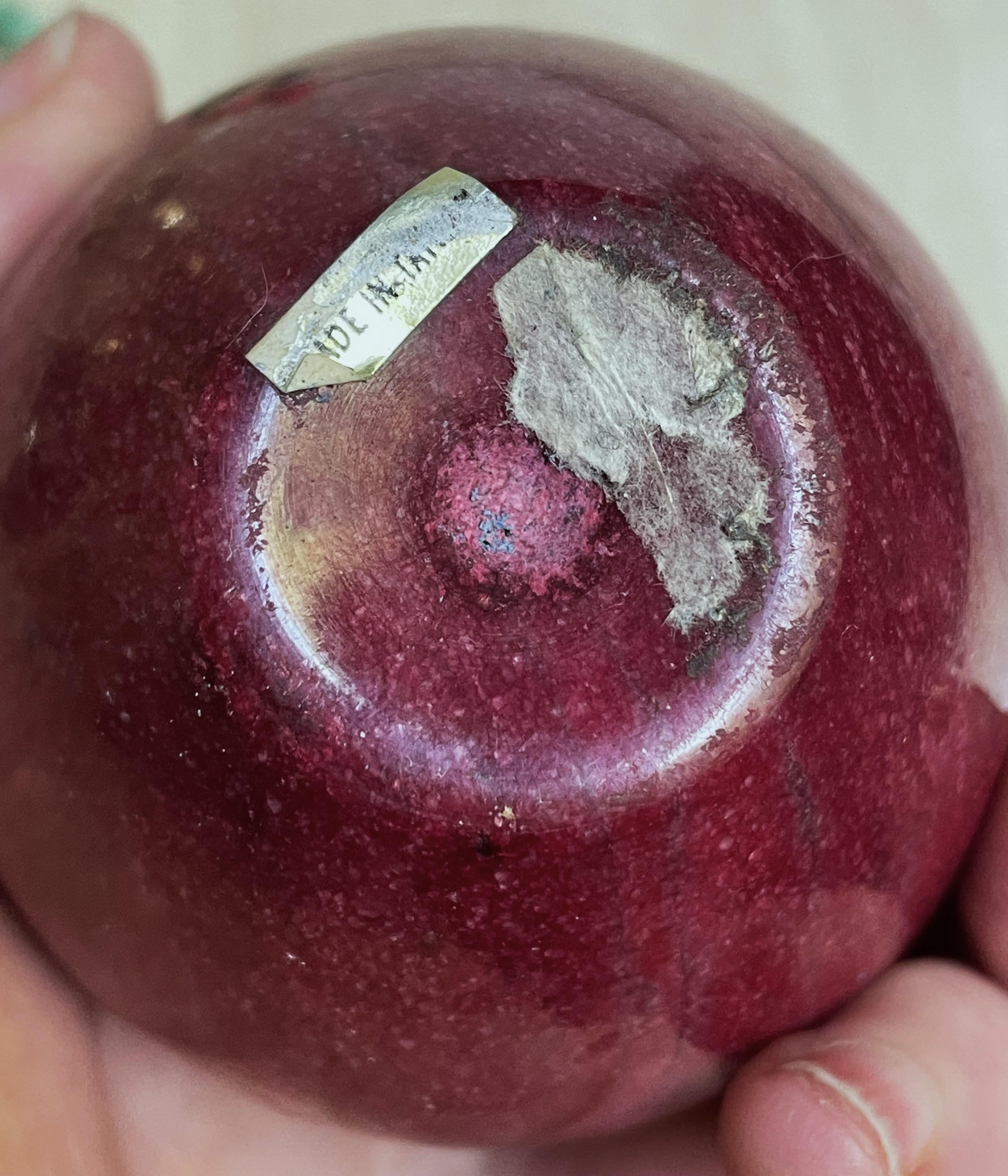 Taiwanese Marble/Alabaster Deep Red Figural Apple Decoration Paperweight w/Brass Leaf
