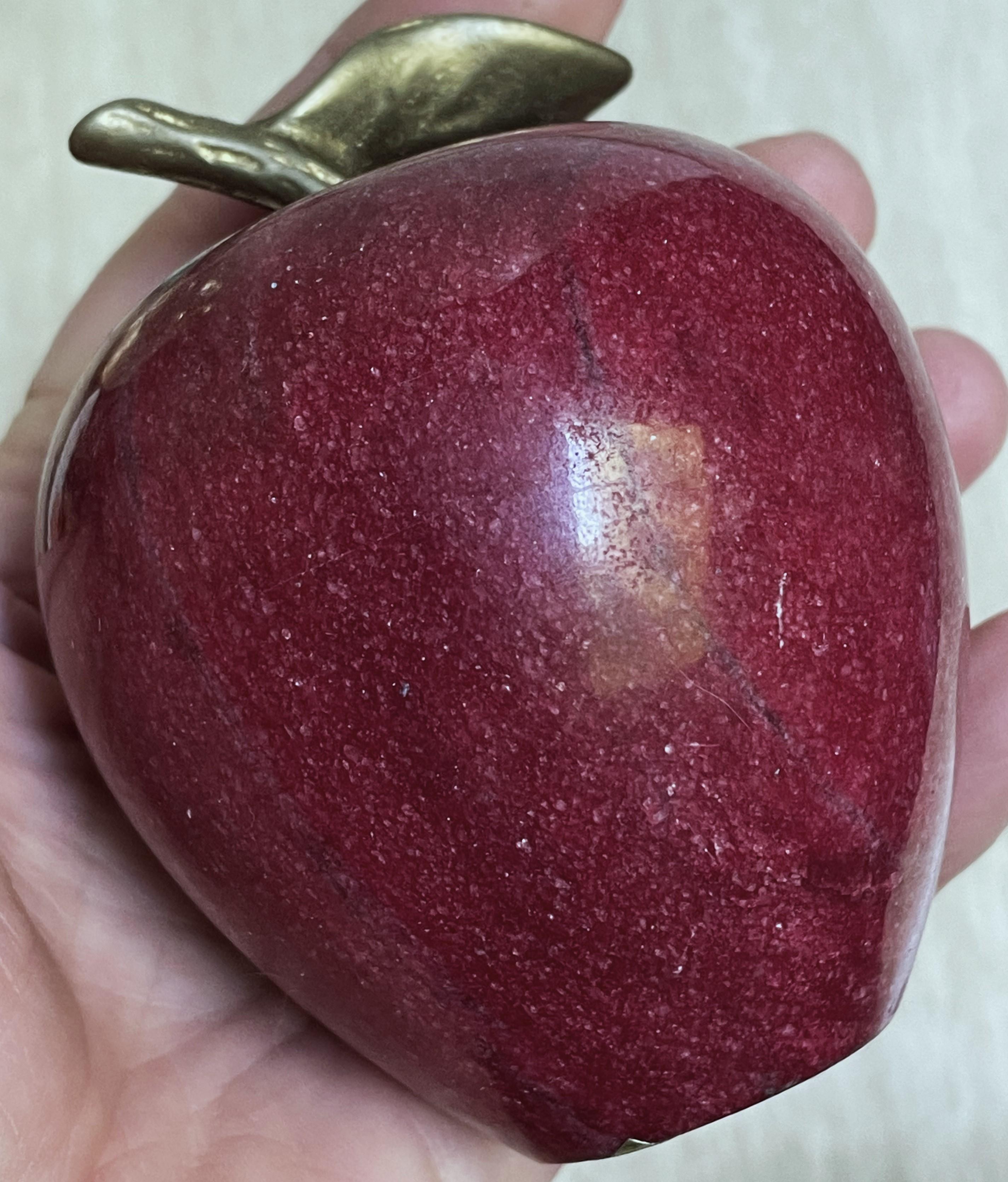 Carved Marble/Alabaster Deep Red Figural Apple Decoration Paperweight w/Brass Leaf