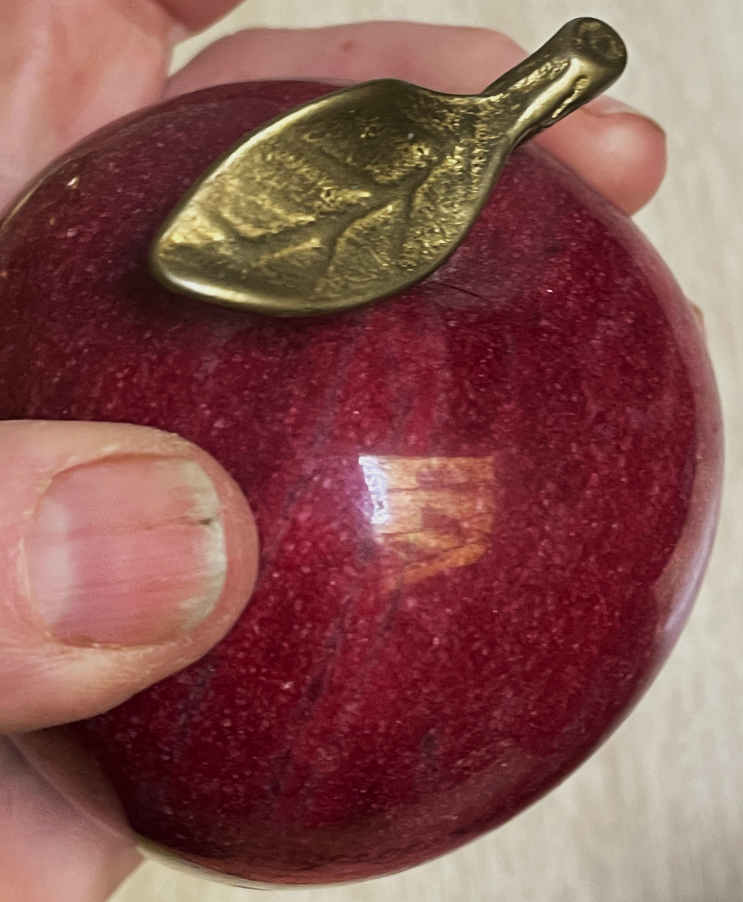 20th Century Marble/Alabaster Deep Red Figural Apple Decoration Paperweight w/Brass Leaf