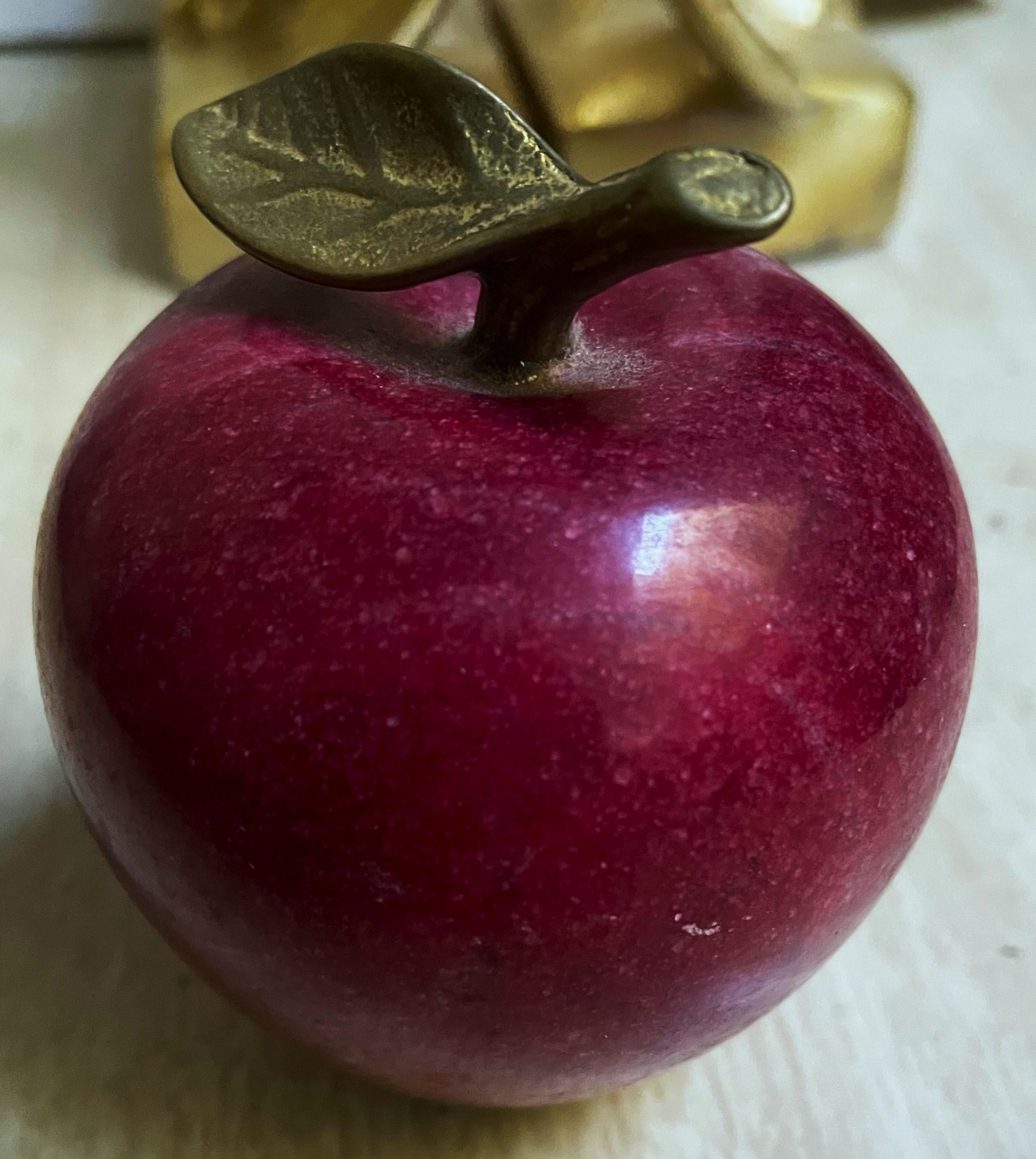 Marble/Alabaster Deep Red Figural Apple Decoration Paperweight w/Brass Leaf 1