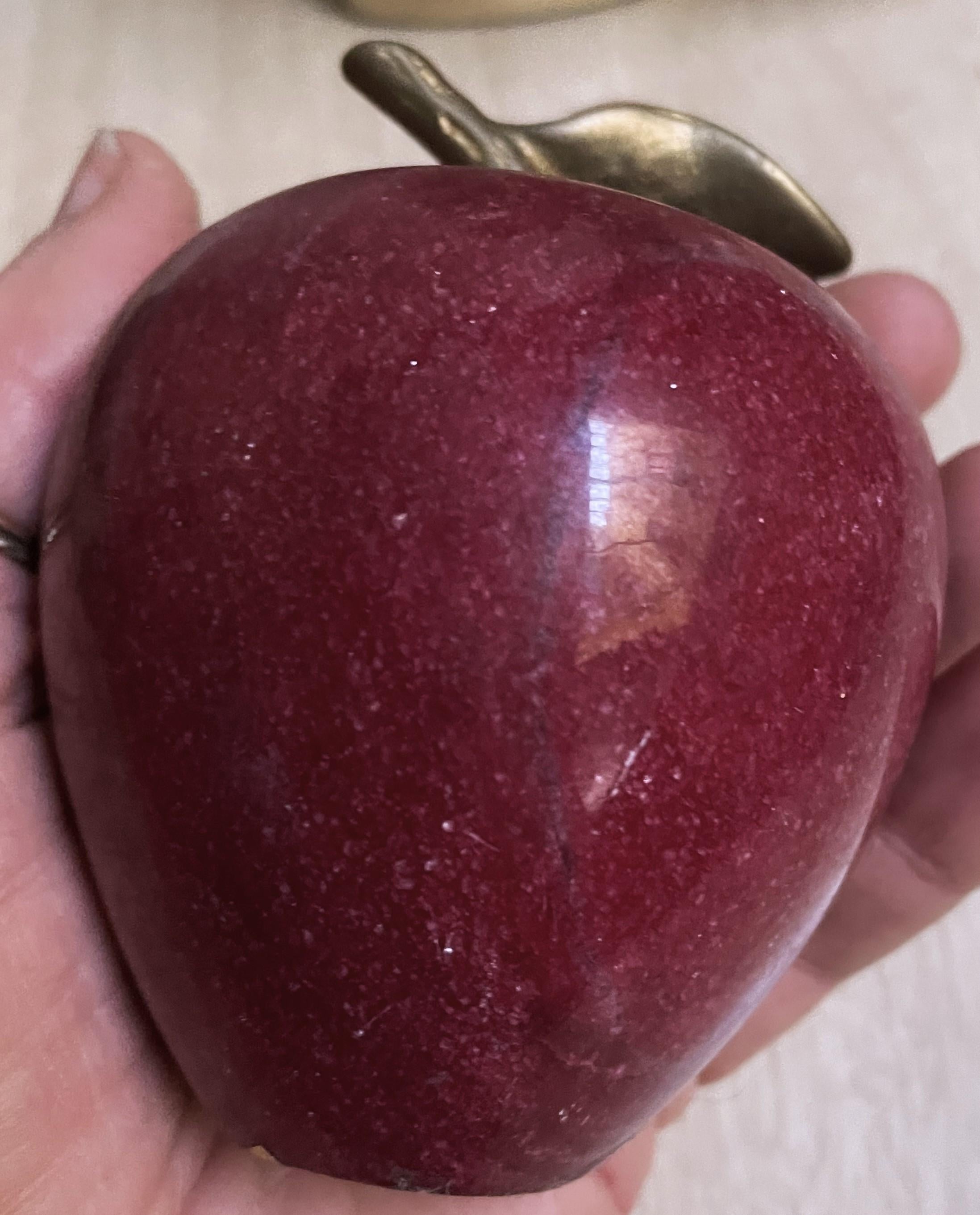 Marble/Alabaster Deep Red Figural Apple Decoration Paperweight w/Brass Leaf 2