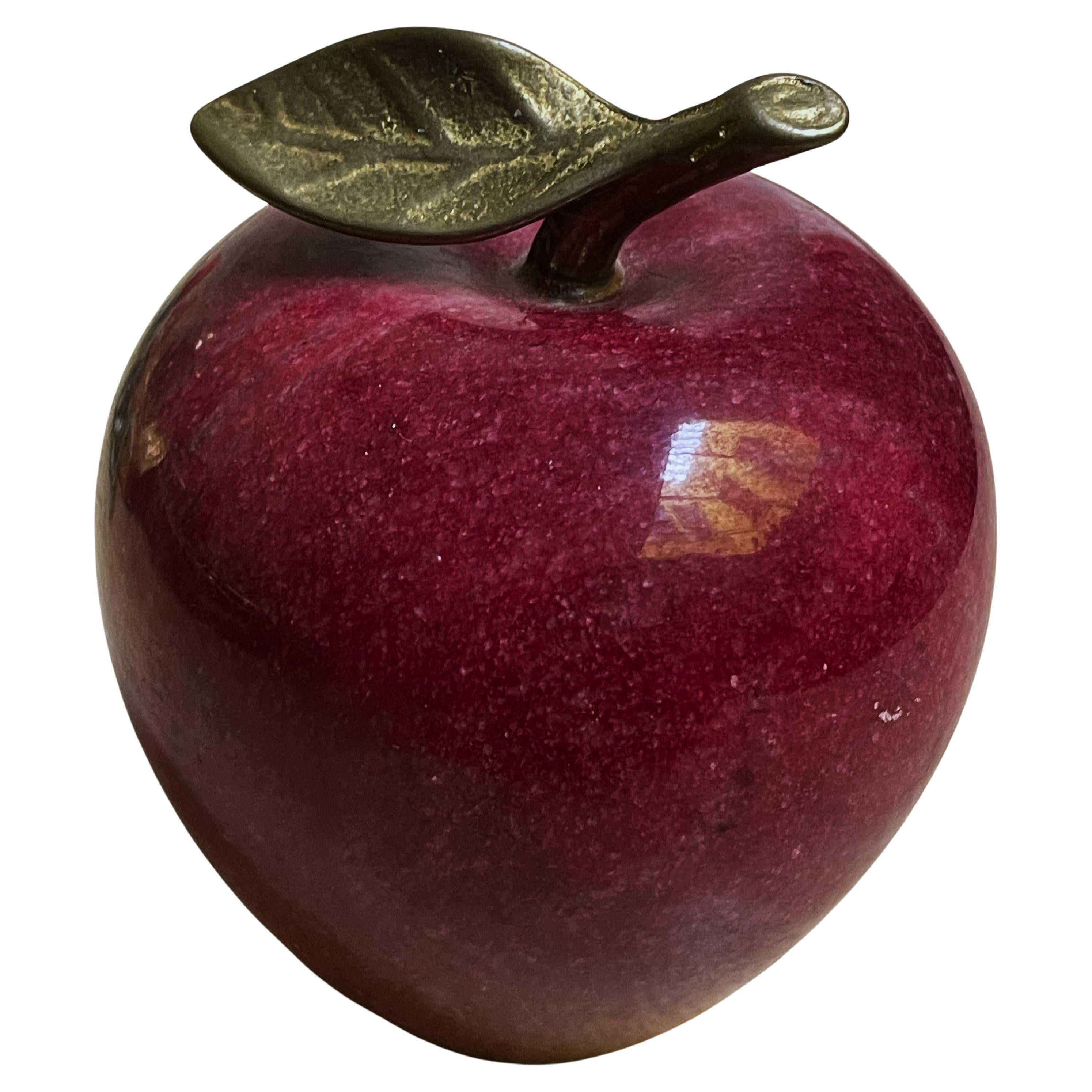 Marble/Alabaster Deep Red Figural Apple Decoration Paperweight w/Brass Leaf