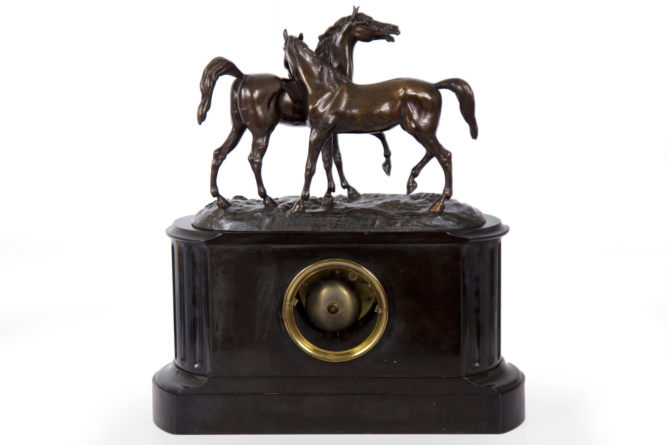 Marble and Black Slate Mantel Clock with Equestrian Sculpture Group, circa 1865 7