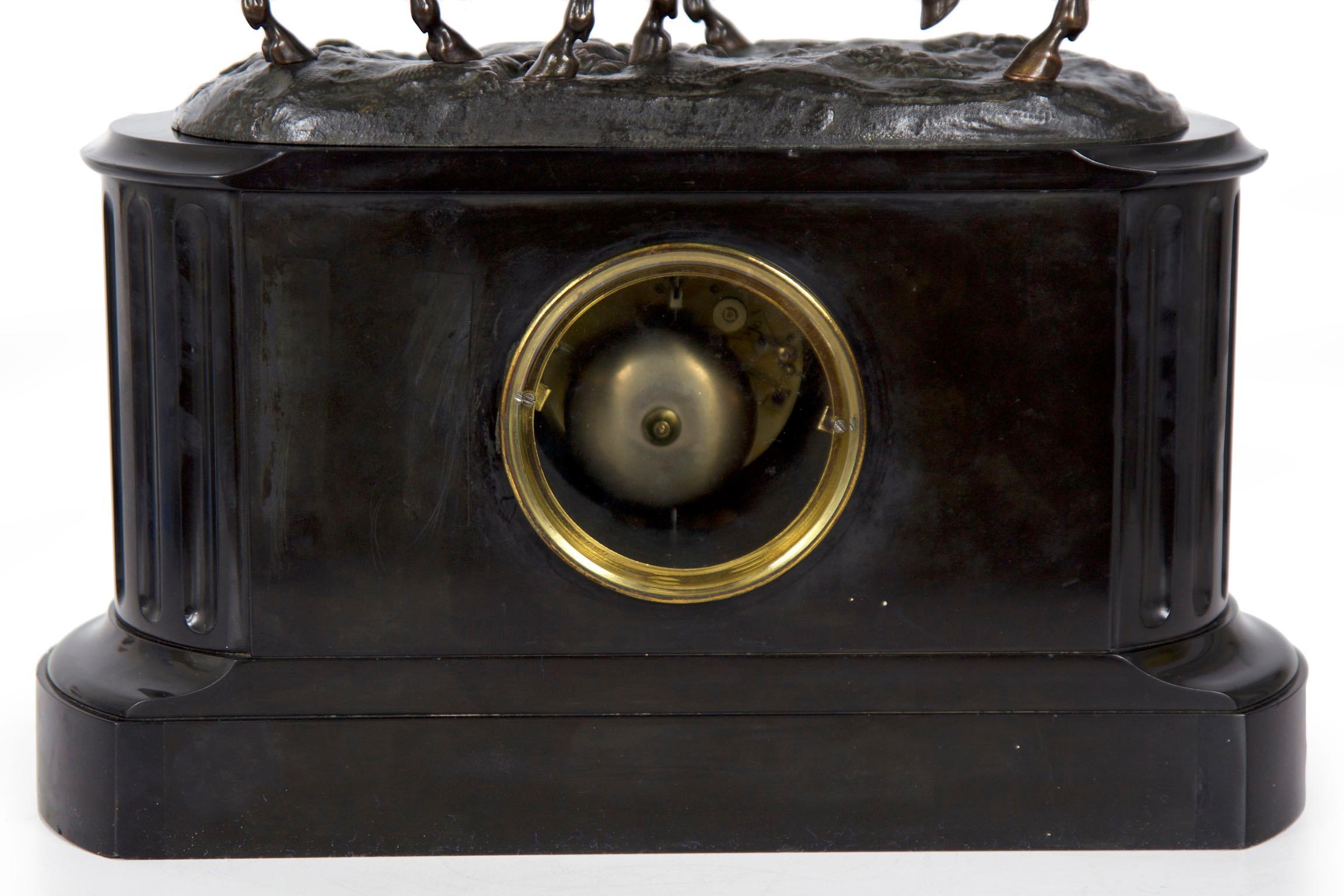 Marble and Black Slate Mantel Clock with Equestrian Sculpture Group, circa 1865 9