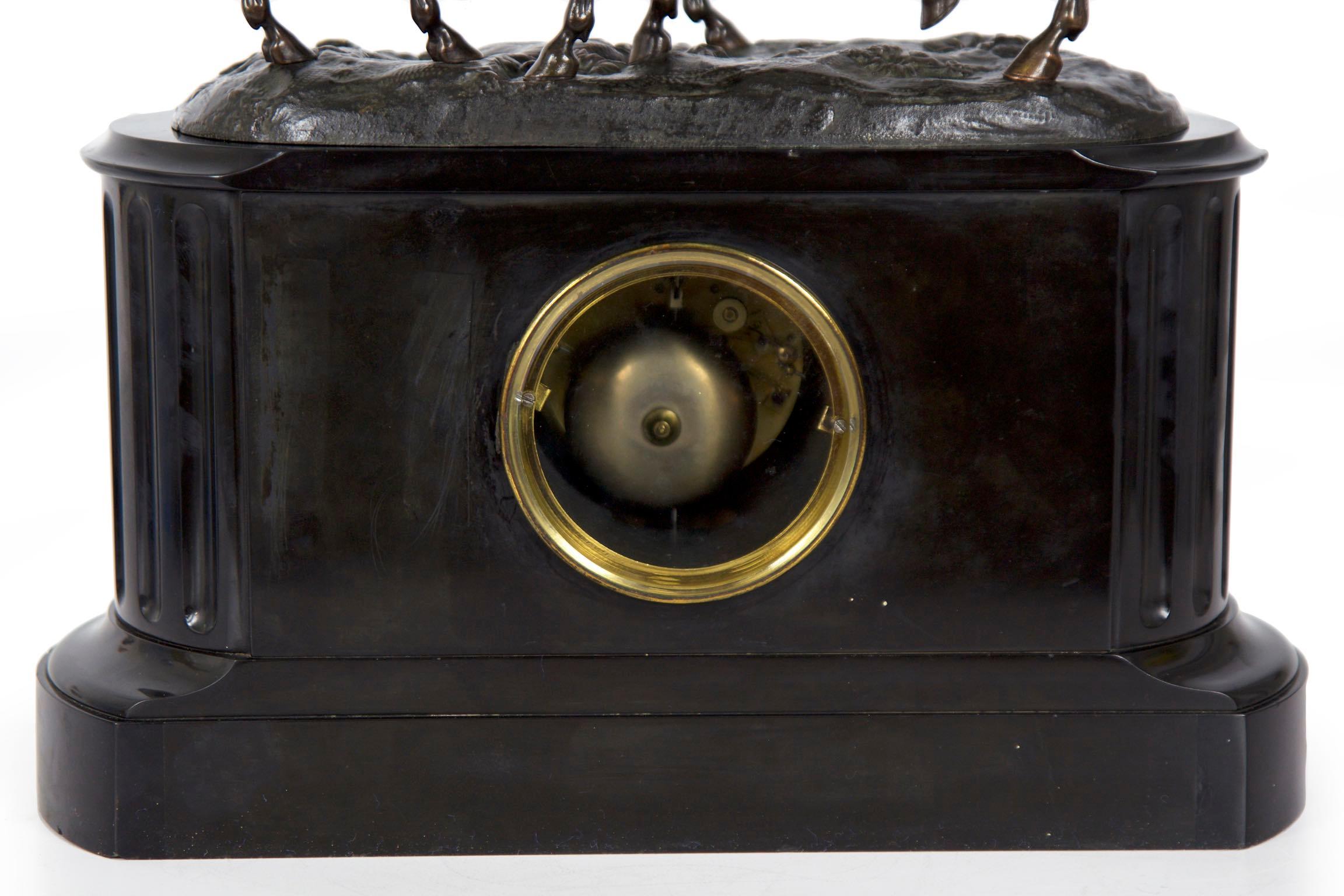 Marble and Black Slate Mantel Clock with Equestrian Sculpture Group, circa 1865 9