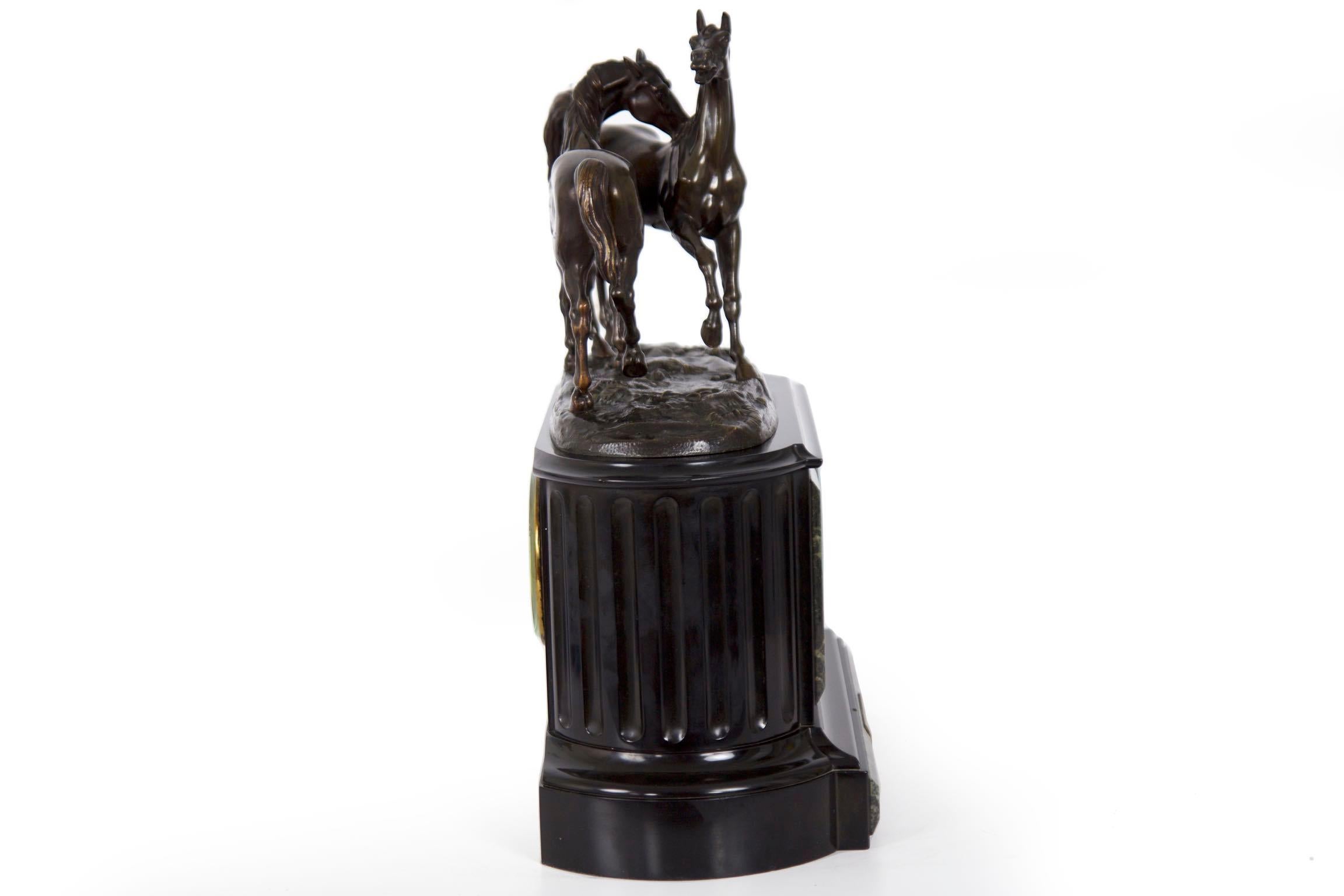 Marble and Black Slate Mantel Clock with Equestrian Sculpture Group, circa 1865 11