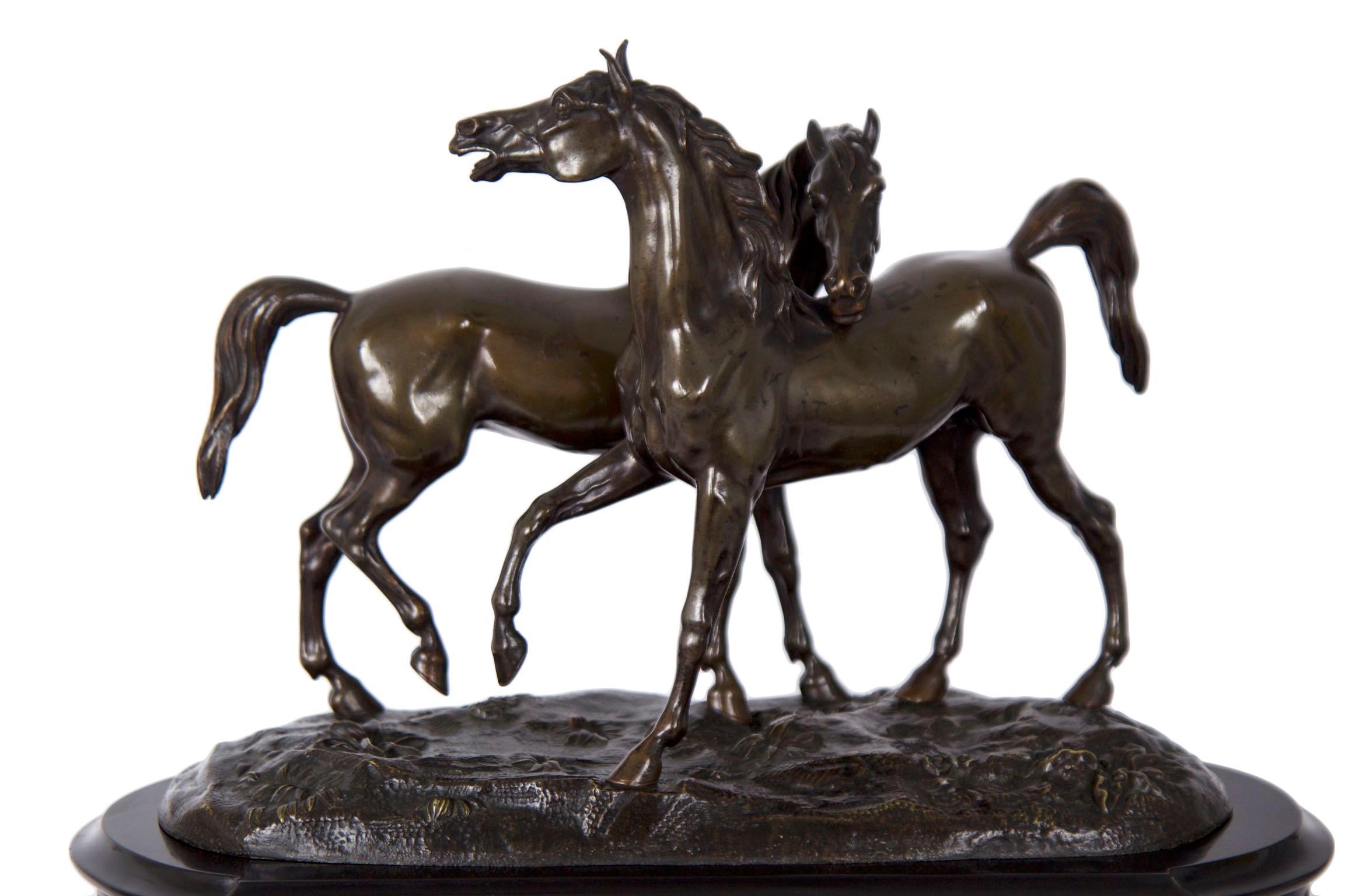 This playful figural clock is a fine representation of the Romantic idealizing that dominated the animal sculptors of the first half of the 19th century. While roughly correct anatomically in the modeling of the equestrian subjects, much more