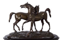 Marble and Black Slate Mantel Clock with Equestrian Sculpture Group, circa 1865