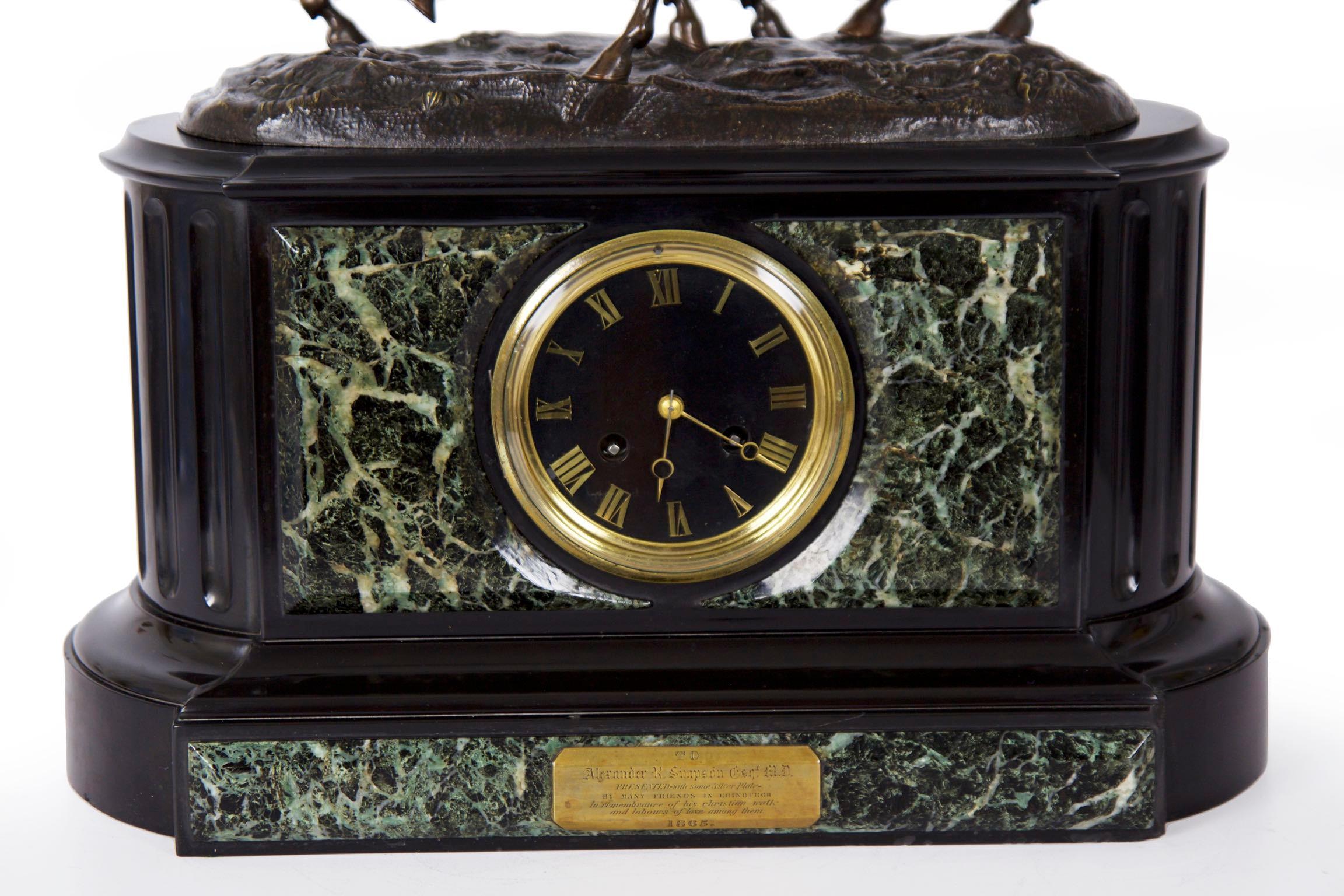 Romantic Marble and Black Slate Mantel Clock with Equestrian Sculpture Group, circa 1865