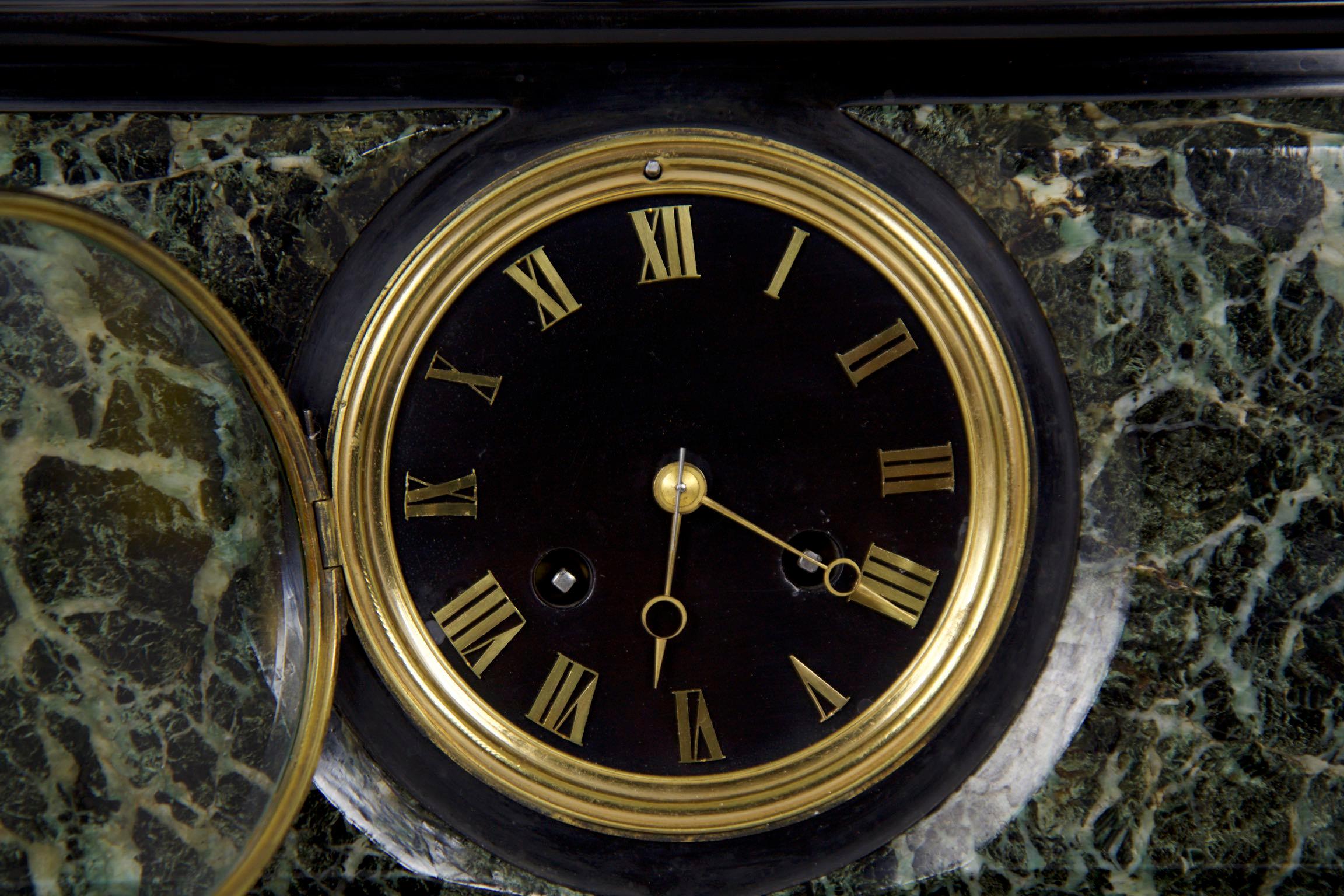 Marble and Black Slate Mantel Clock with Equestrian Sculpture Group, circa 1865 2