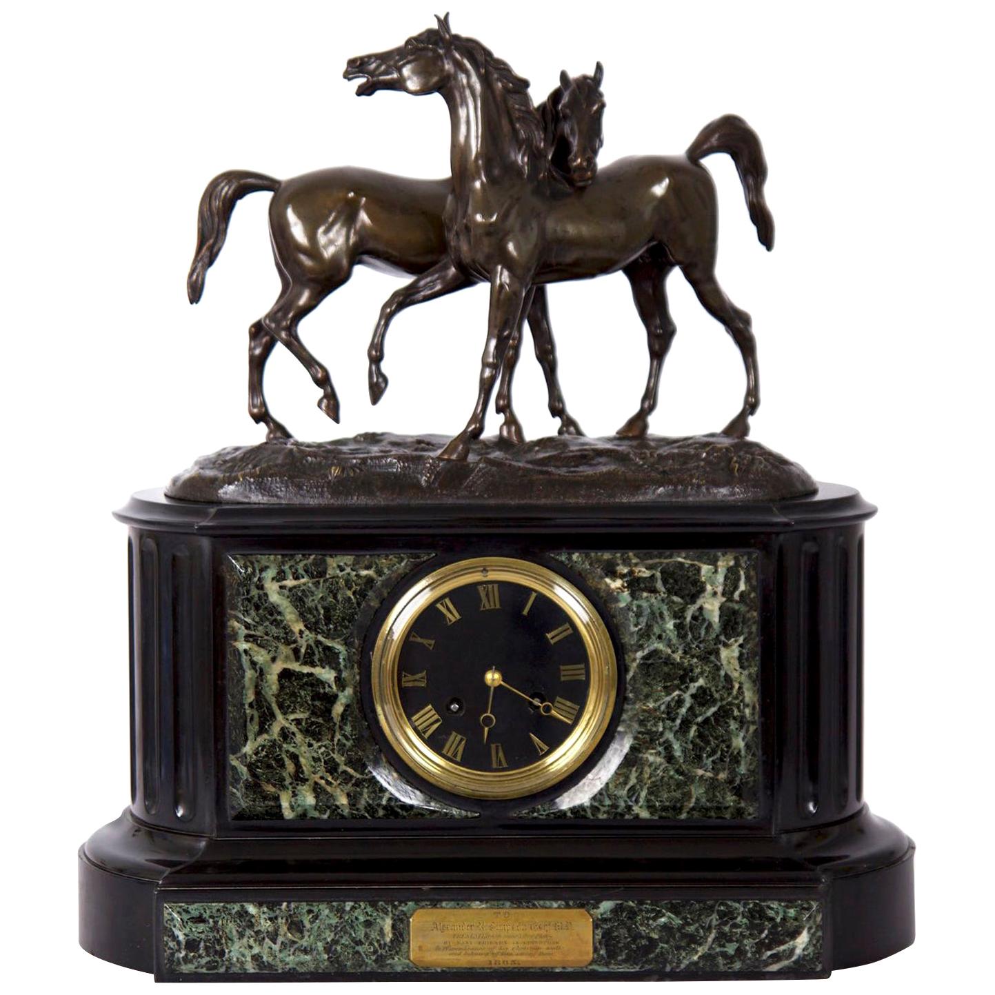 Marble and Black Slate Mantel Clock with Equestrian Sculpture Group, circa 1865