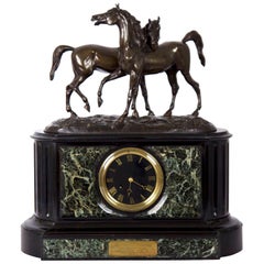 Antique Marble and Black Slate Mantel Clock with Equestrian Sculpture Group, circa 1865