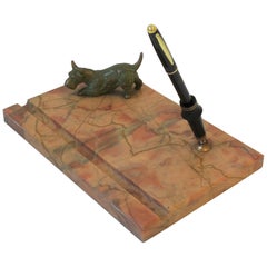 Marble and Brass Art Deco Period Desk Pen Holder with Terrier Dog