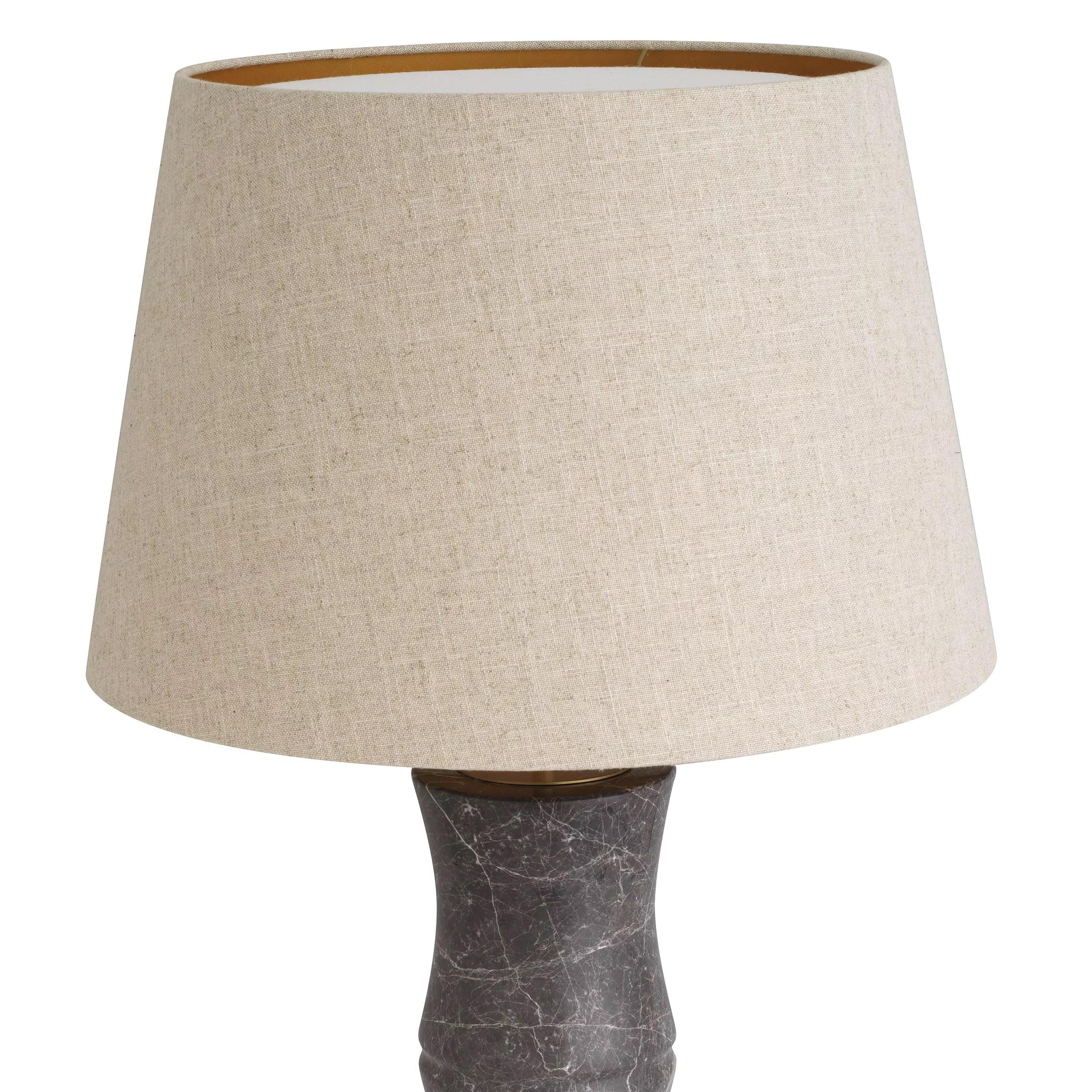 Marble and Brass Large Table Lamp composed of a grey marble sculpted base bamboo effect brass finishes metal adorned with a beige fabric shade. 1 E27 light bulb required.