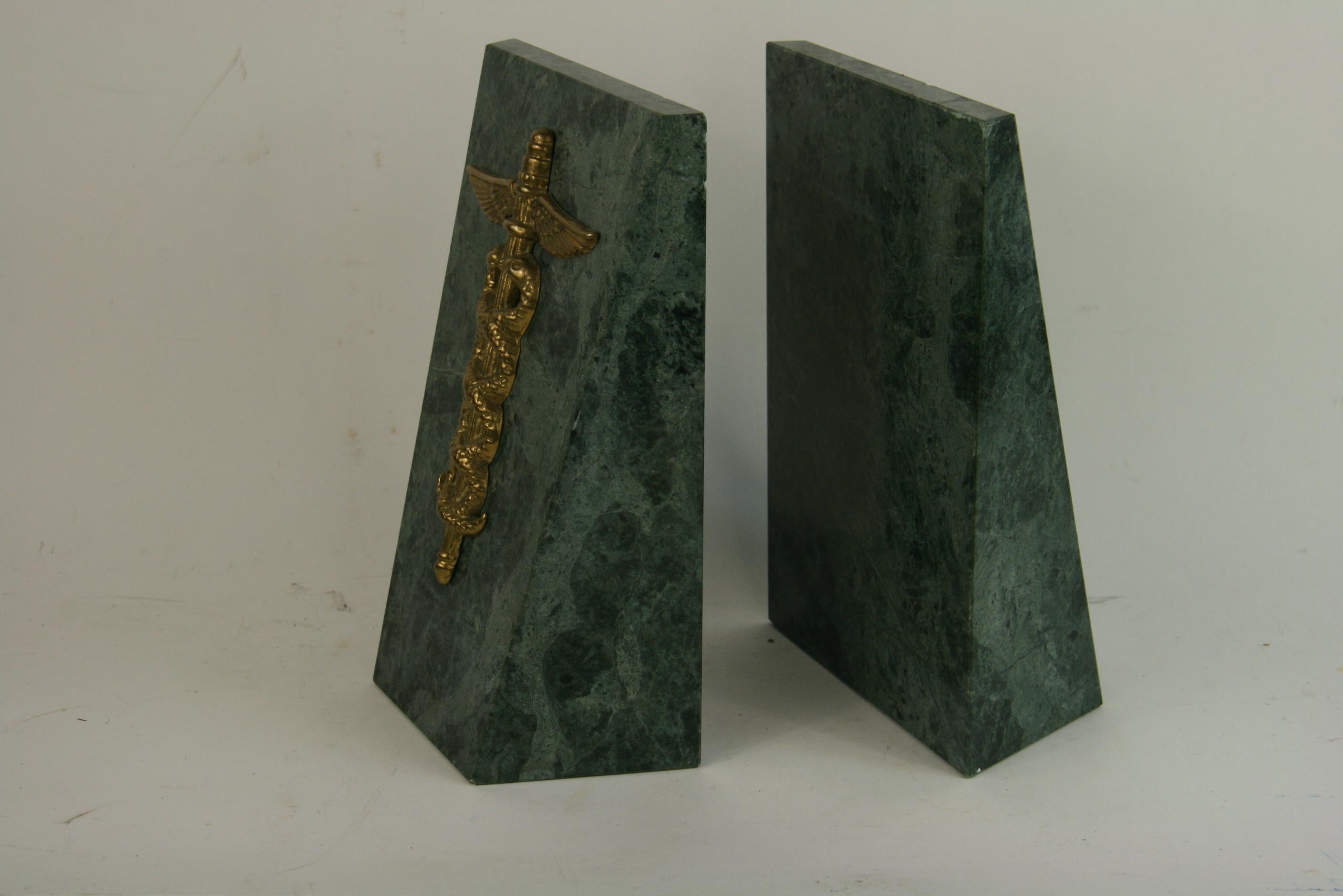 Marble and Brass Medical Symbol Bookends In Excellent Condition In Douglas Manor, NY