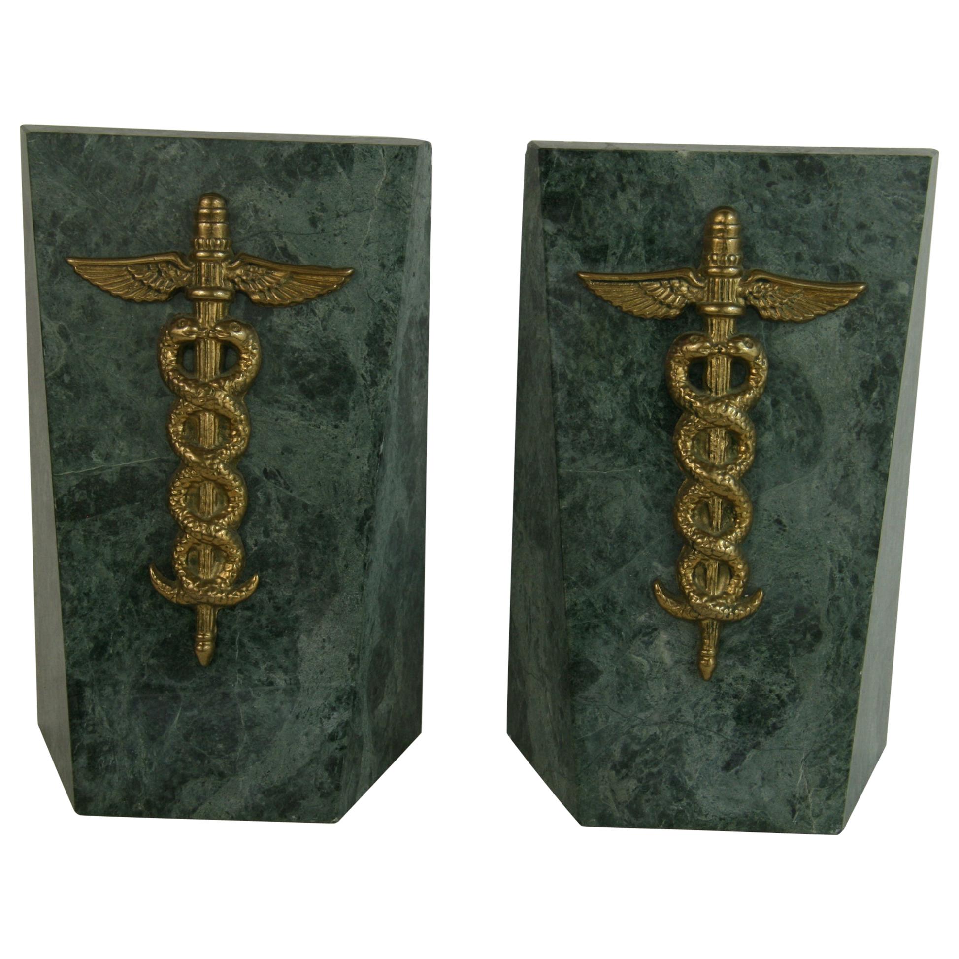 Tiger Eye Marble Medical Bookends with Gold Plated Caduceus Insignia Emblem