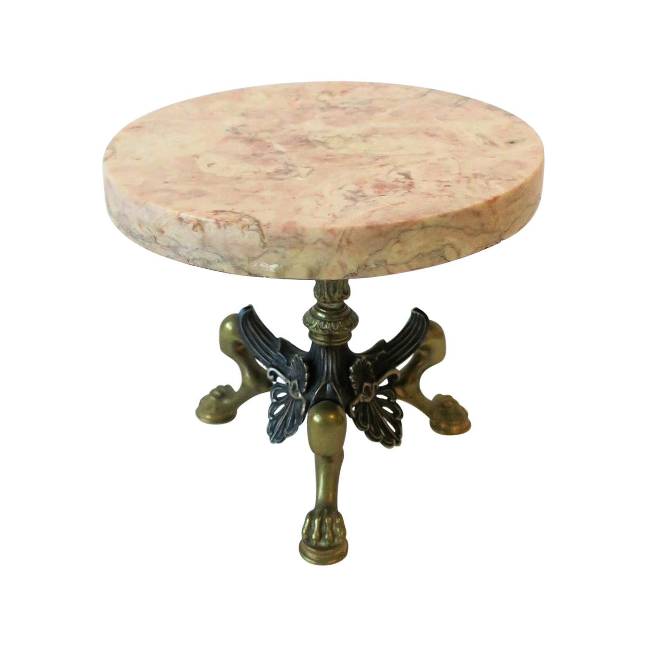 Marble and Brass Round Pedestal with Lion Paw Feet Plant Stand Regency Style