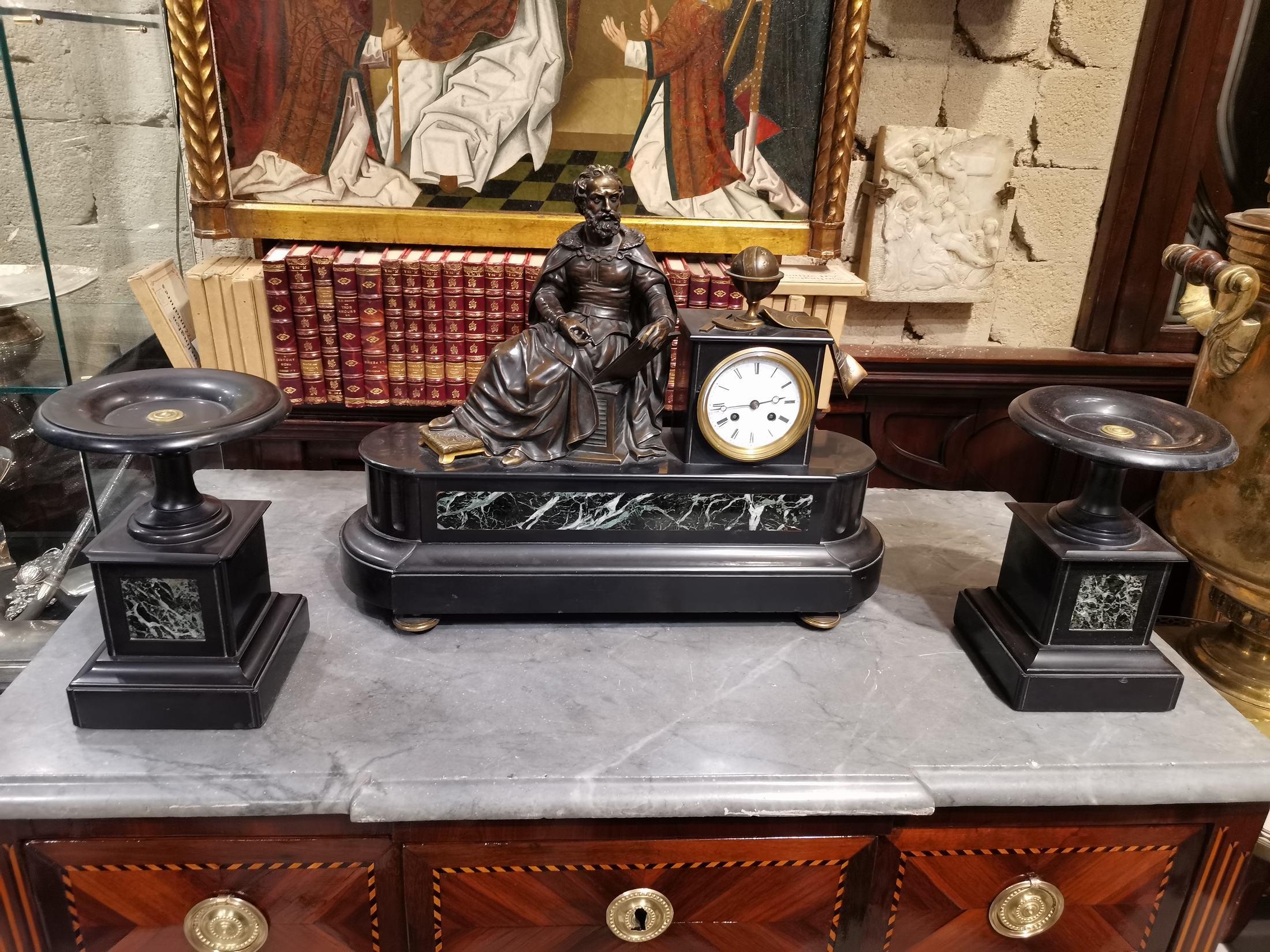 Marble and Bronze Clock with Allegory of Astronomy Representing Copernico For Sale 2