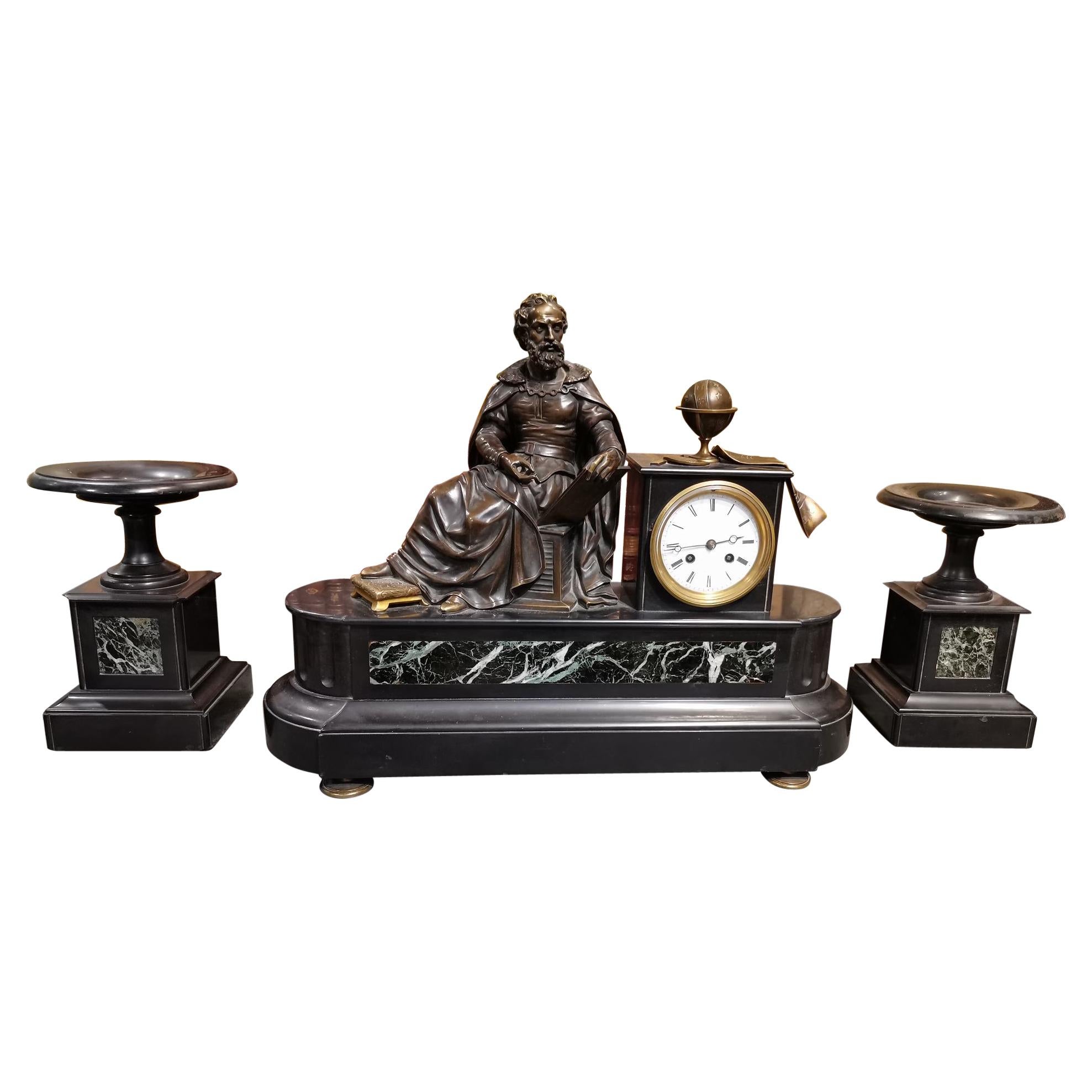 Marble and Bronze Clock with Allegory of Astronomy Representing Copernico For Sale