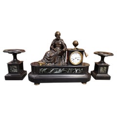 Antique Marble and Bronze Clock with Allegory of Astronomy Representing Copernico