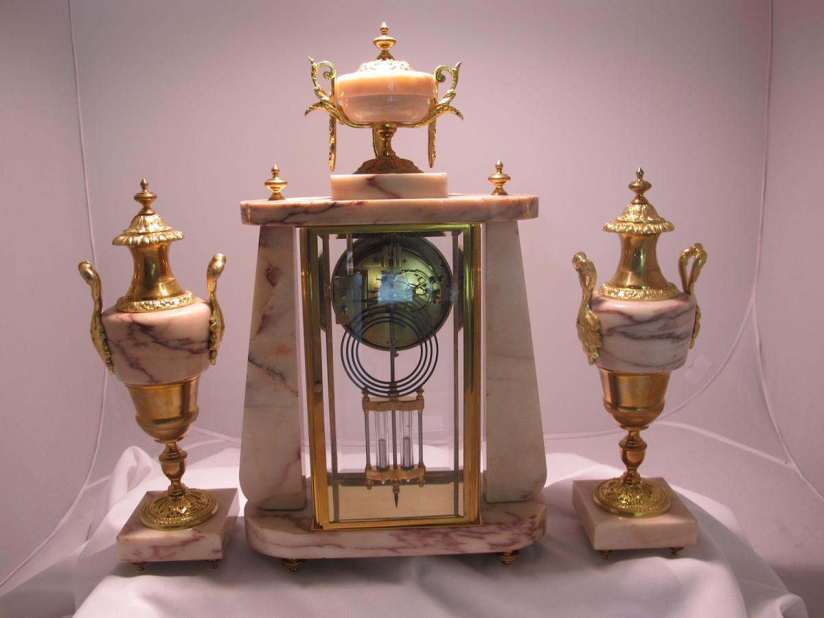French Marble and Bronze Clockset For Sale