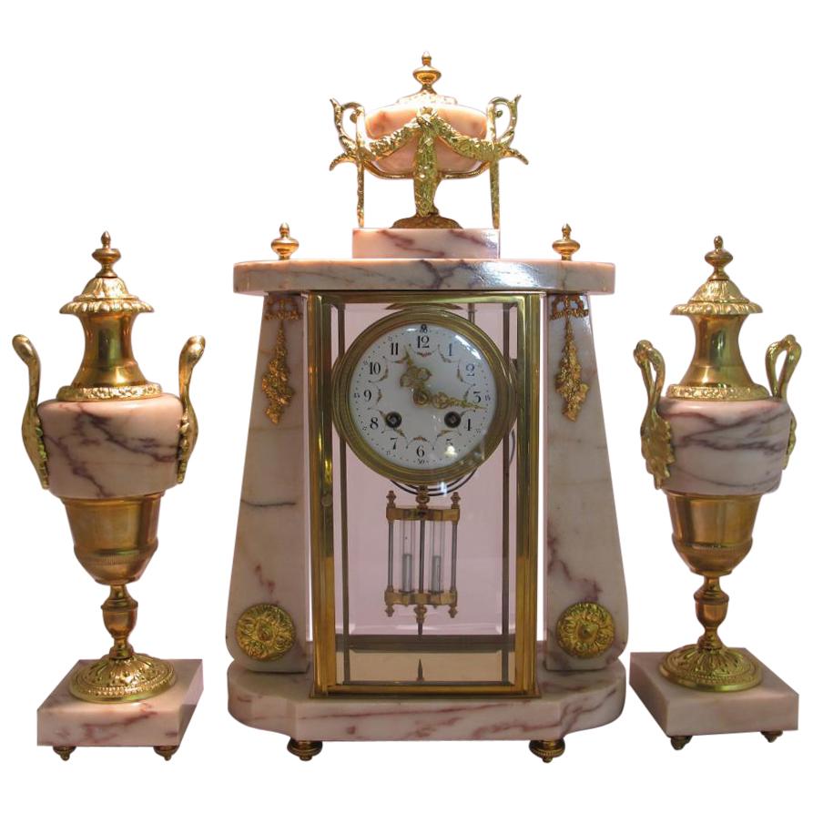 Marble and Bronze Clockset For Sale