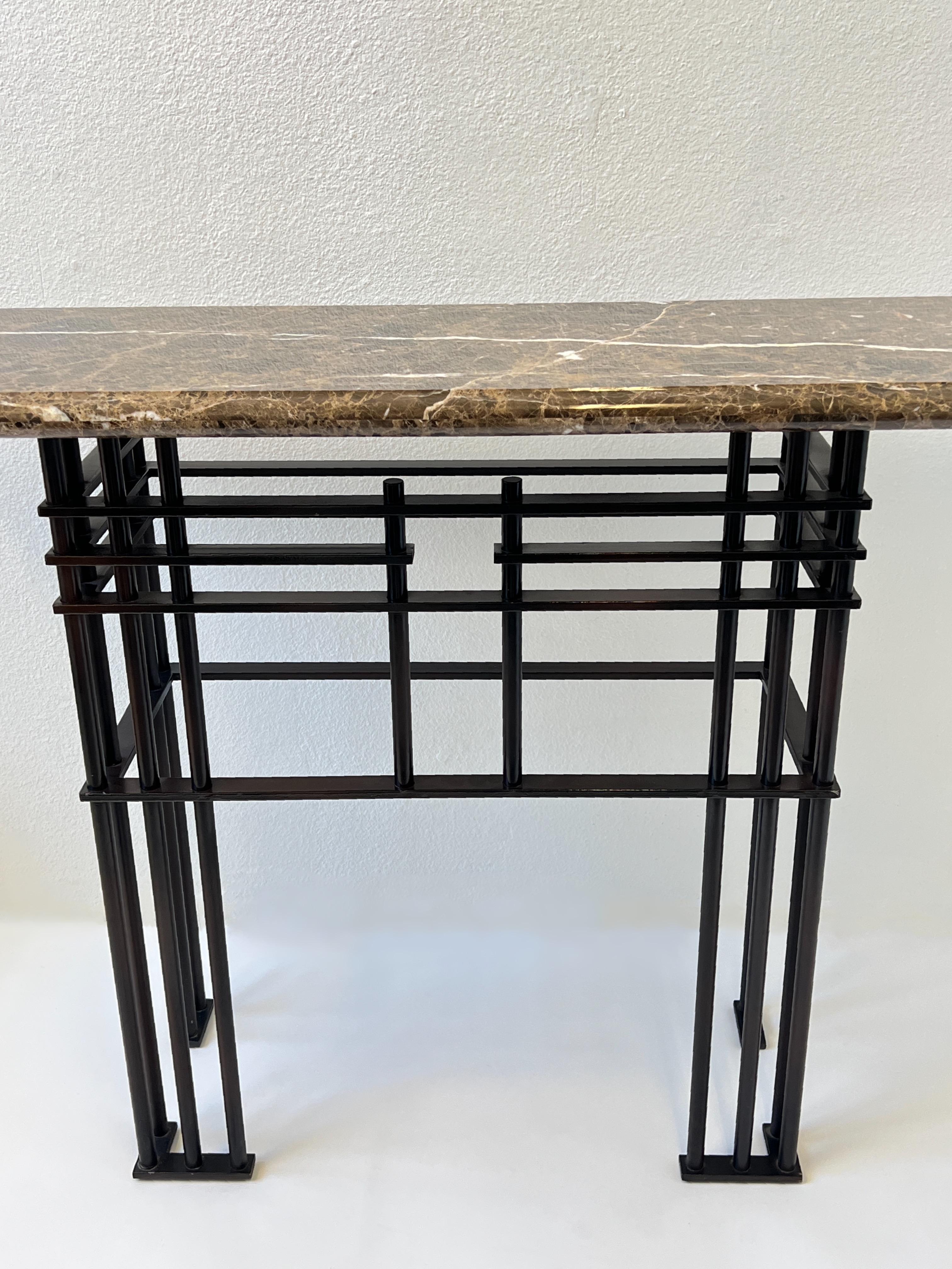 American Marble and Bronze Powder Coated Console Table by Jean Michael Wilmotte for Mirak For Sale