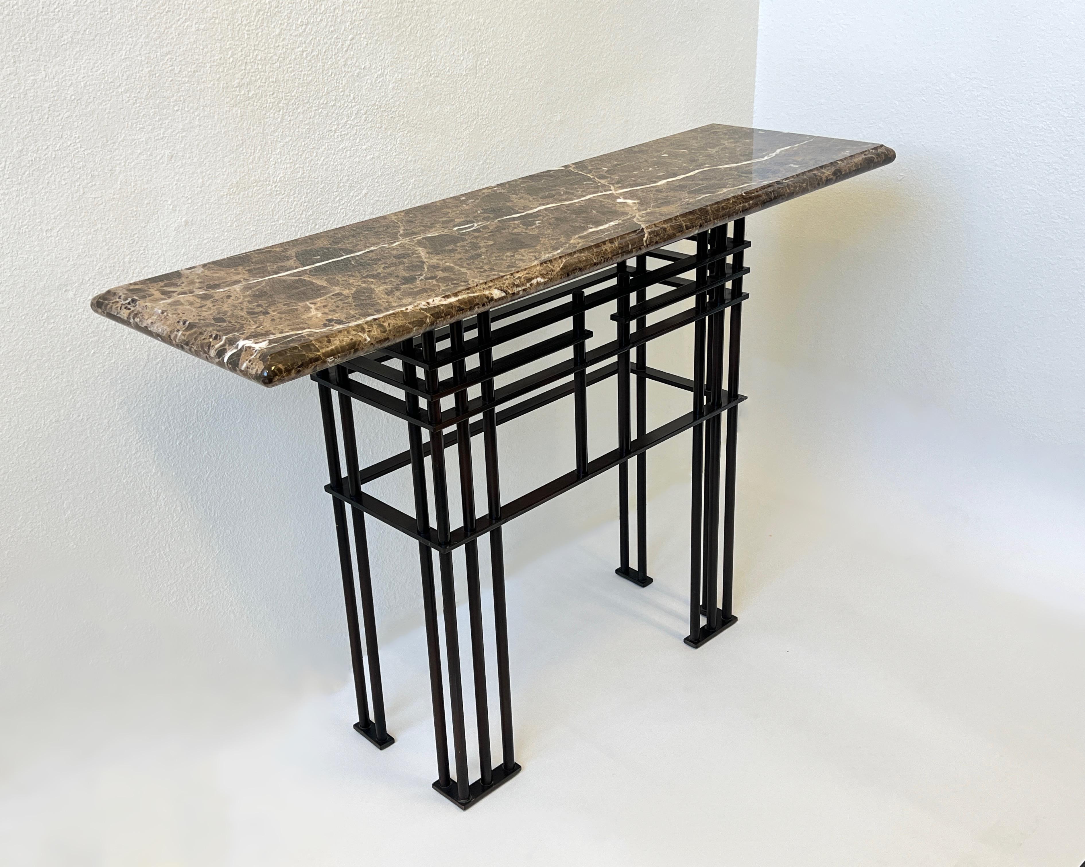 Marble and Bronze Powder Coated Console Table by Jean Michael Wilmotte for Mirak In Good Condition For Sale In Palm Springs, CA