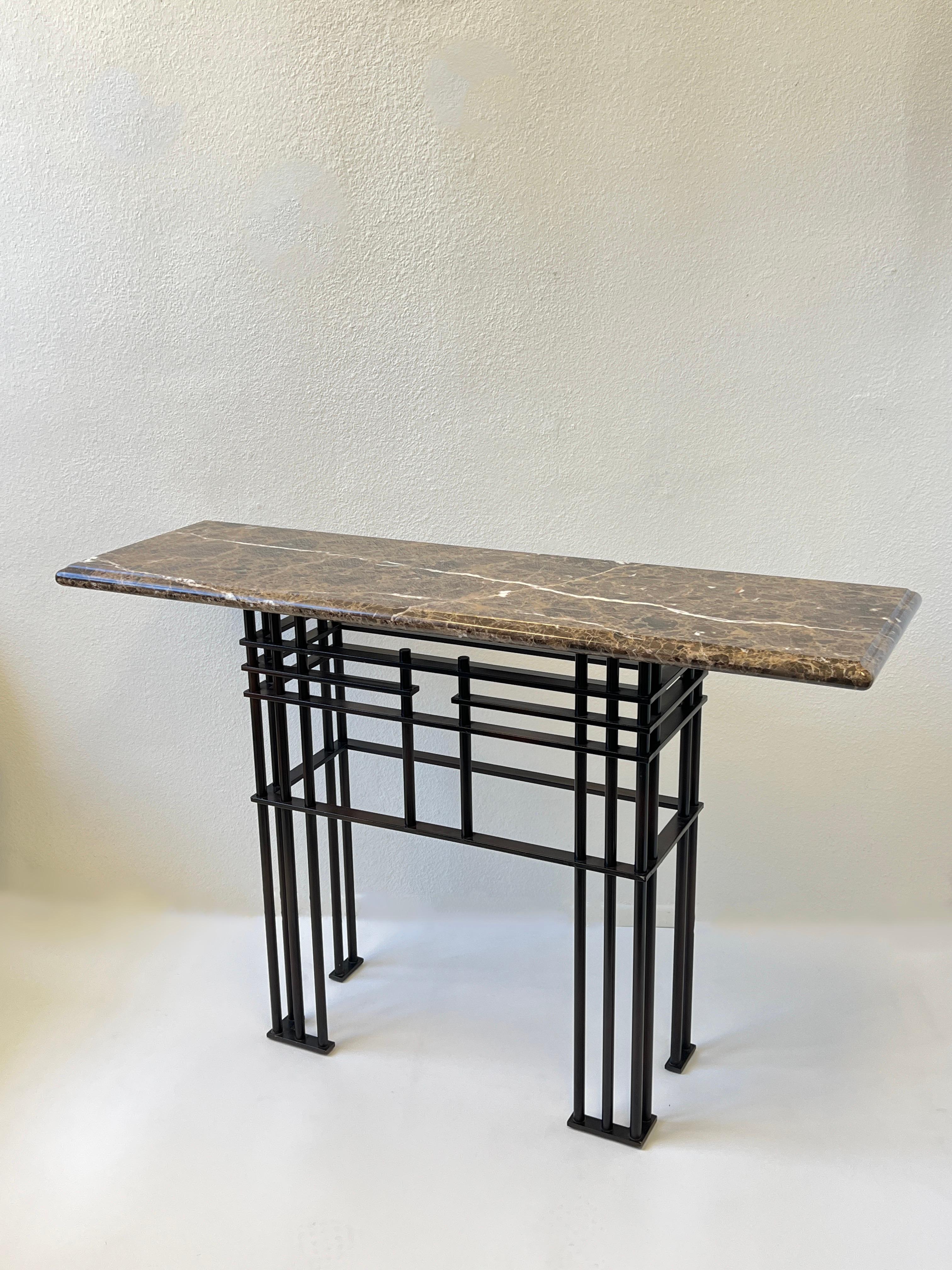 Late 20th Century Marble and Bronze Powder Coated Console Table by Jean Michael Wilmotte for Mirak For Sale
