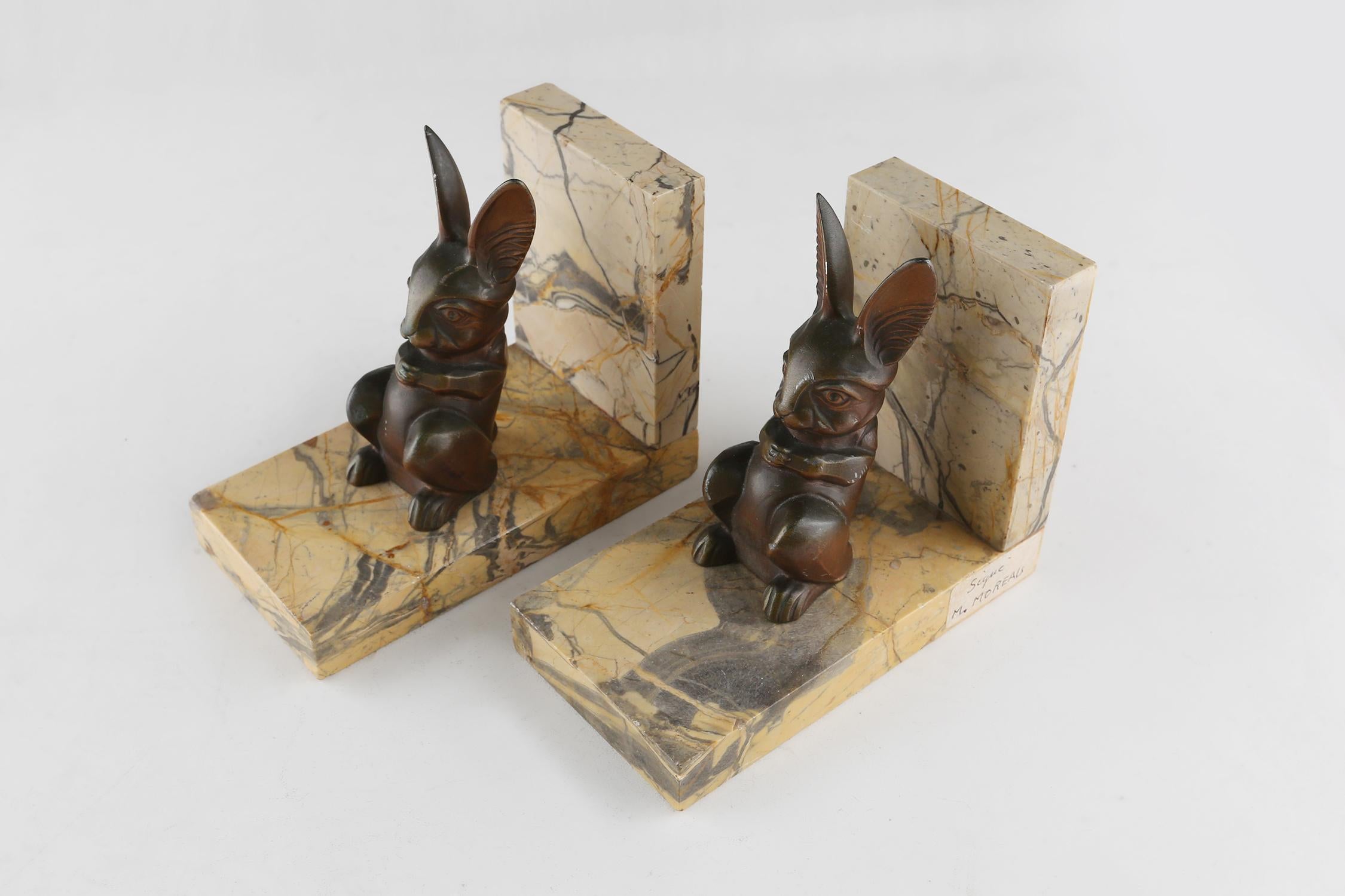 Marble and bronze rabbit bookends 1930s 3