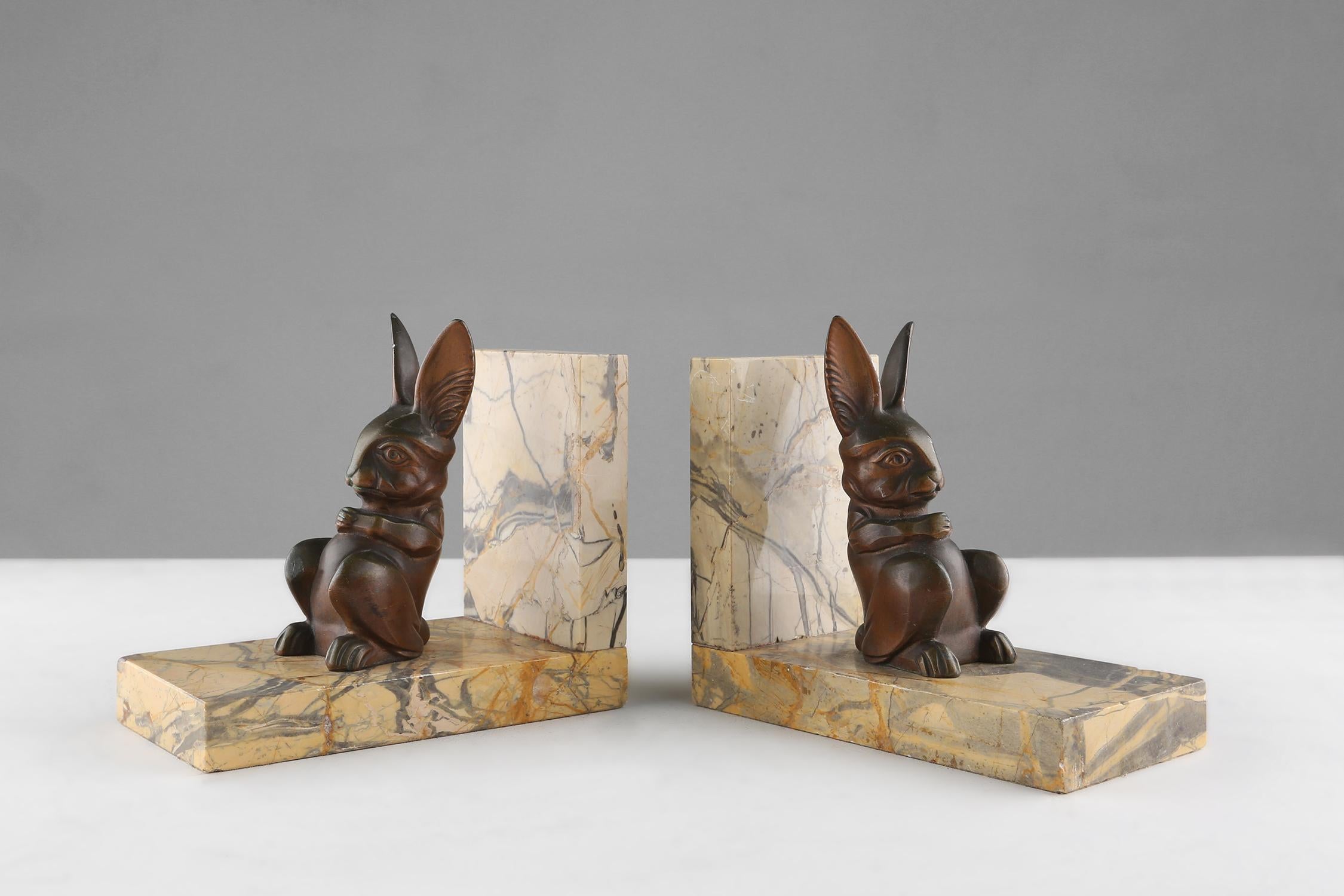 Art Deco Marble and bronze rabbit bookends 1930s