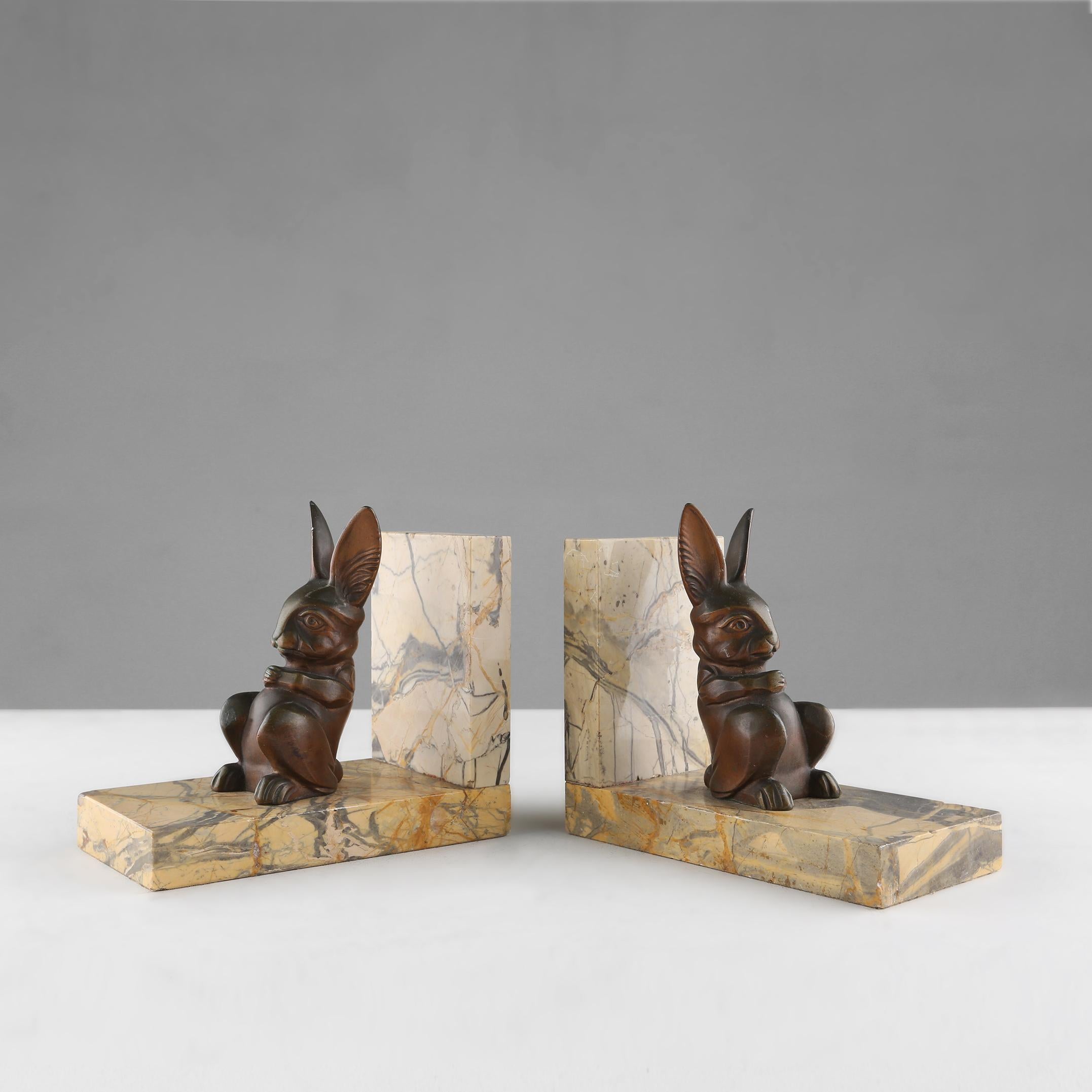 Belgian Marble and bronze rabbit bookends 1930s