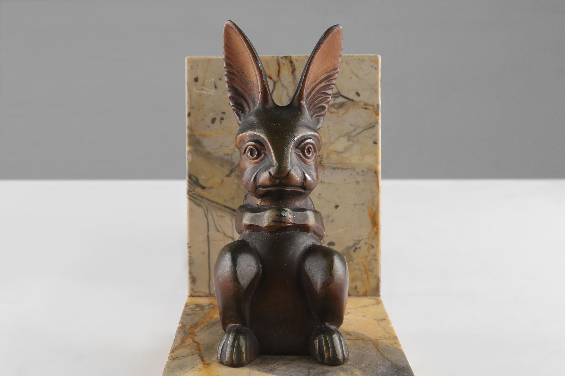 Mid-20th Century Marble and bronze rabbit bookends 1930s
