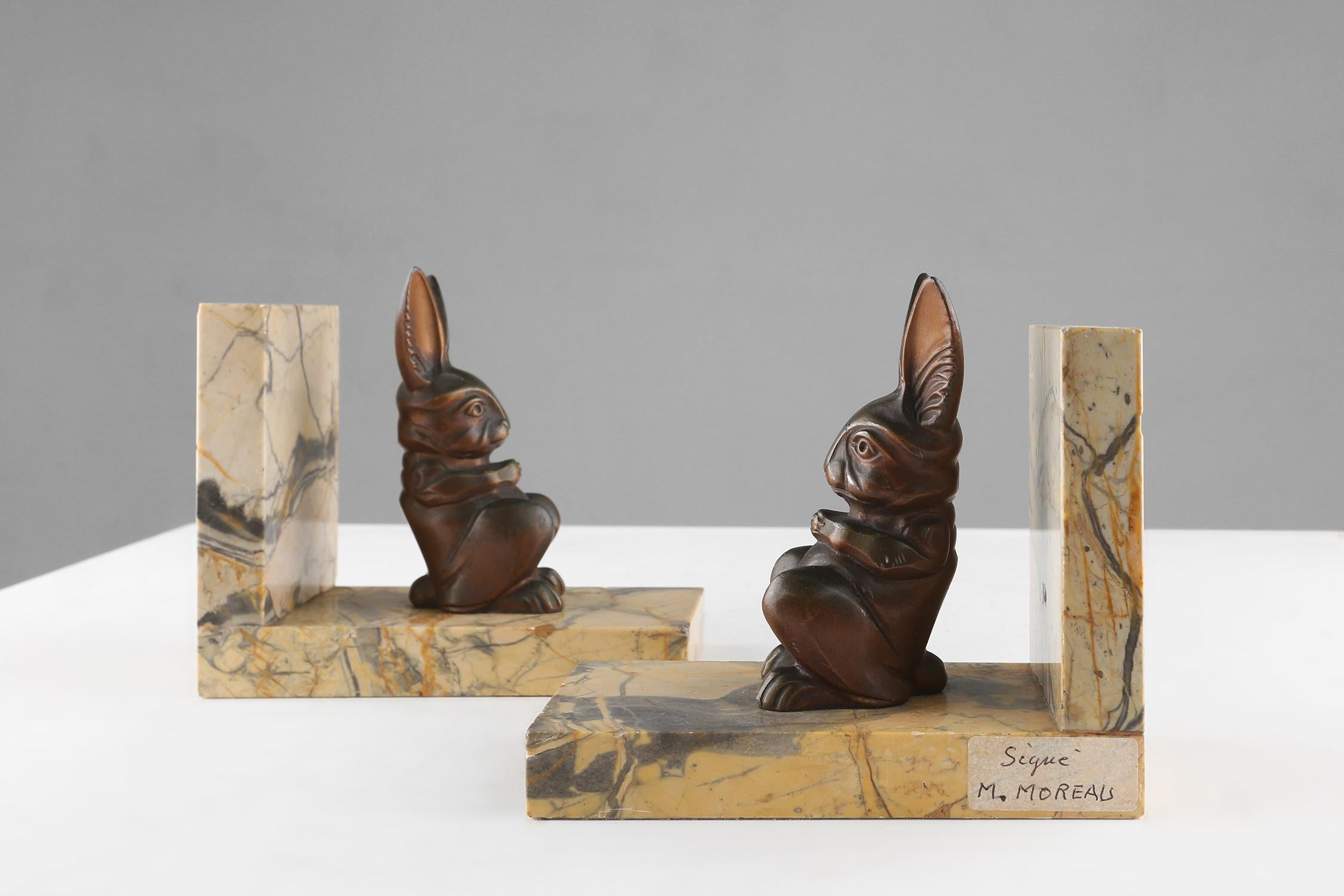 Bronze Marble and bronze rabbit bookends 1930s