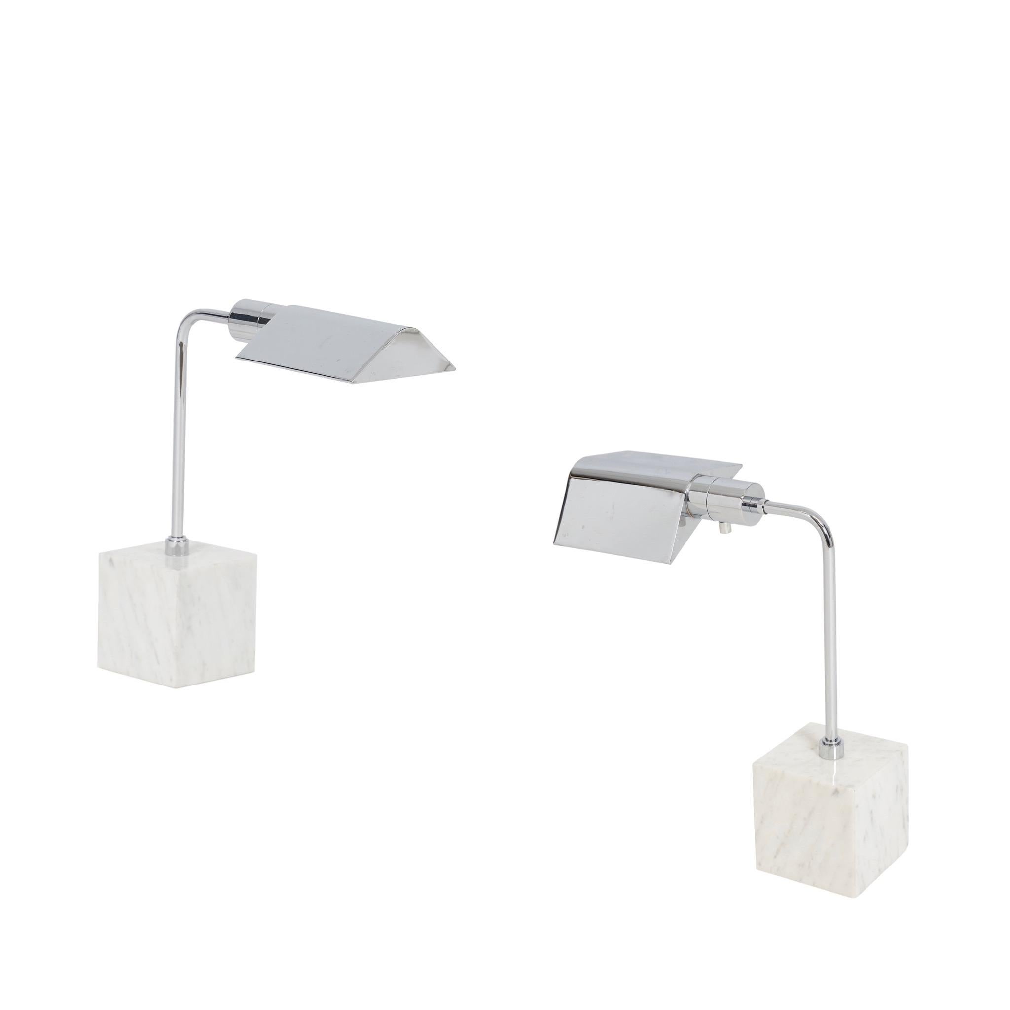 Pair of marble and chrome desk or table lamps with Cedric Hartman style articulating shades. Made by Koch & Lowy, 1970s.

Price is for the pair.