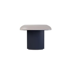 Marble and Fiberglass Outdoor Dining Table with Blue Legs and Gold Highlights