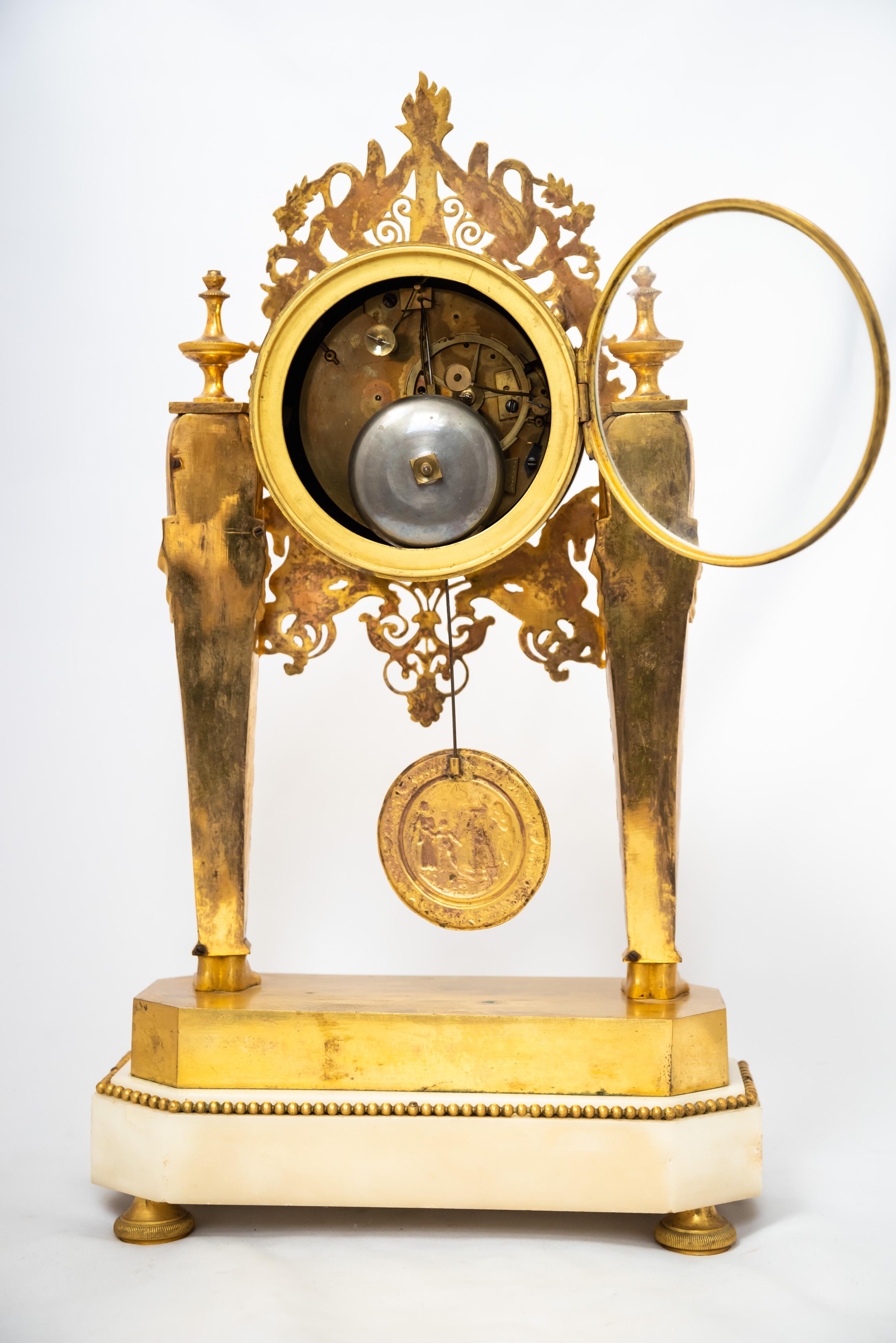 Marble and Fire-Gilt-Bronze Directoire-Era Portico Clock Retour d'Egypte Style For Sale 5