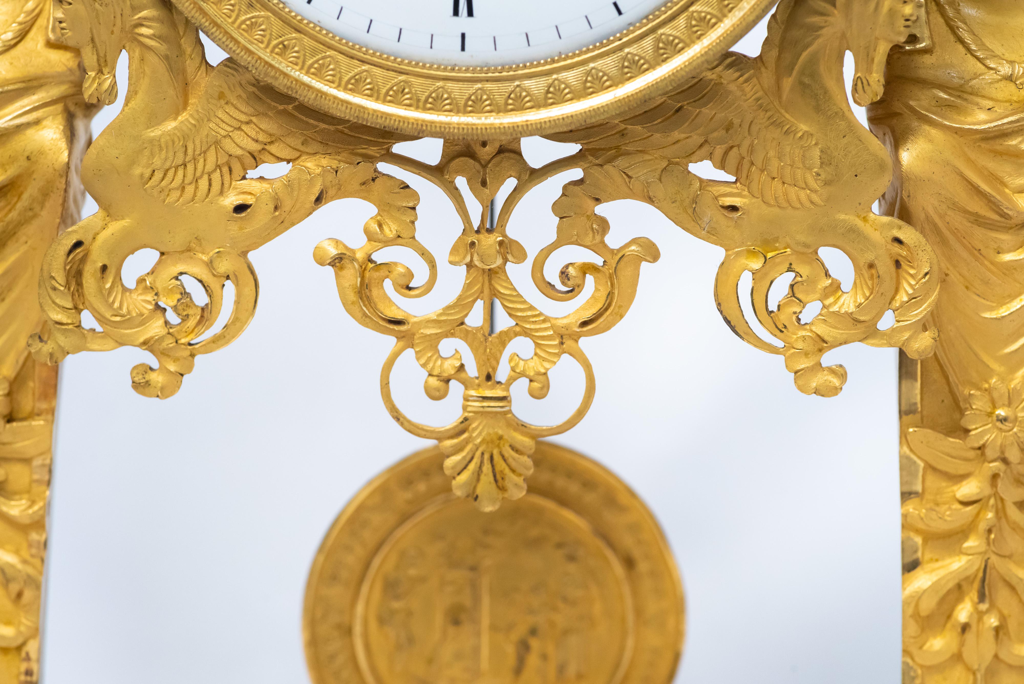 French Marble and Fire-Gilt-Bronze Directoire-Era Portico Clock Retour d'Egypte Style For Sale