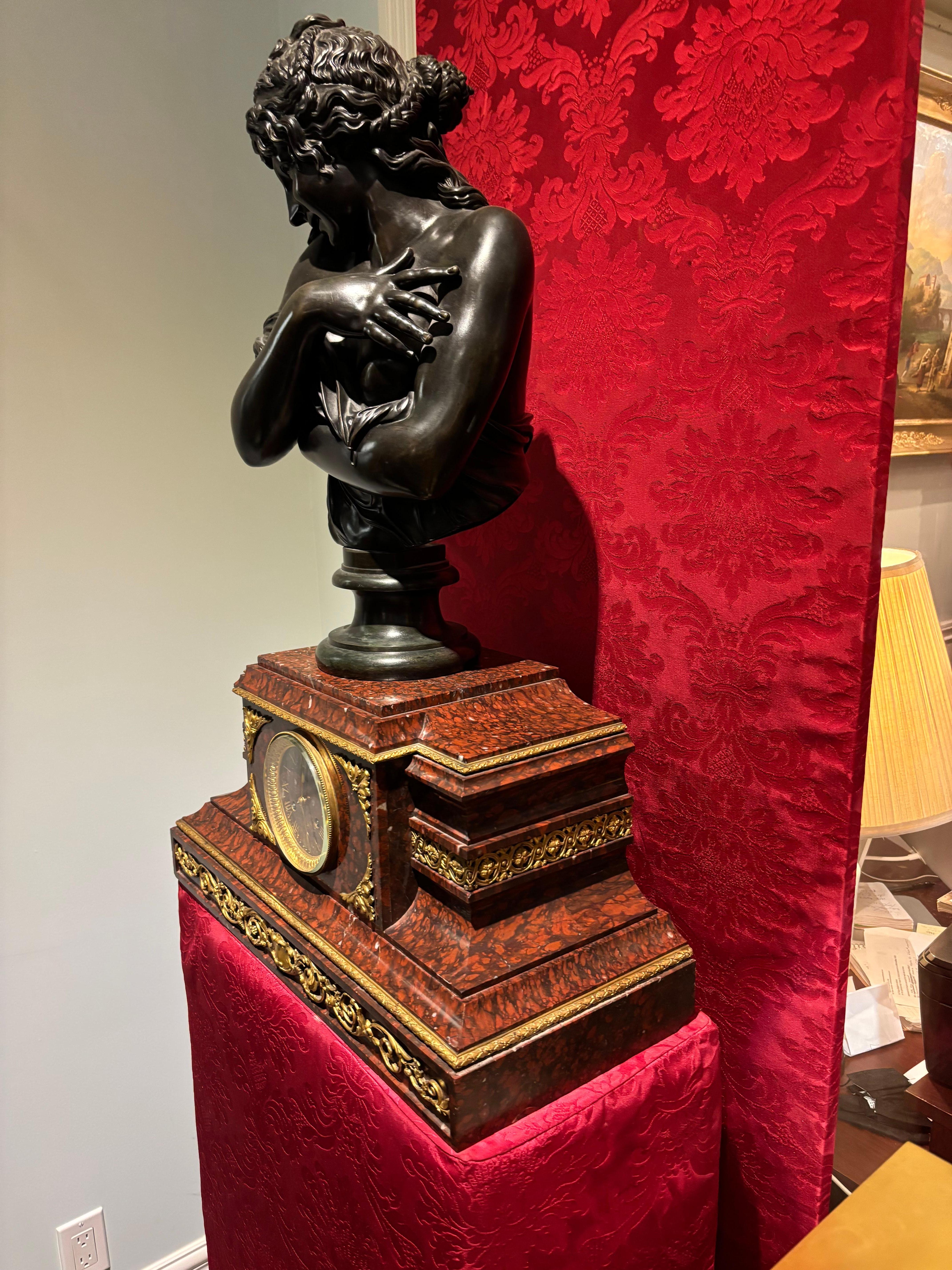 Griotte Marble and Gilt Bronze Clock Mounted by a Classical Female Bronze Bust For Sale 6
