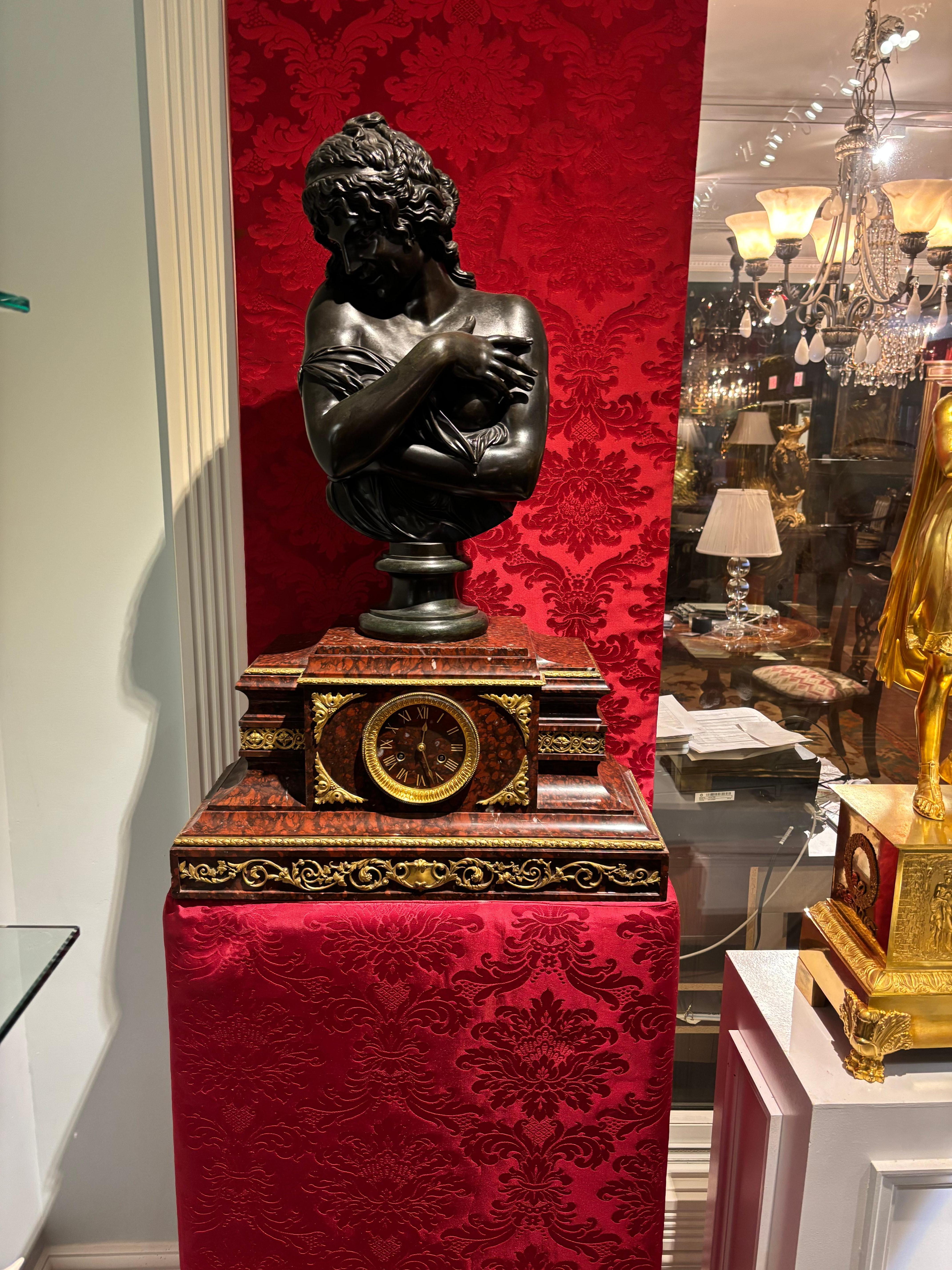 Griotte Marble and Gilt Bronze Clock Mounted by a Classical Female Bronze Bust For Sale 7