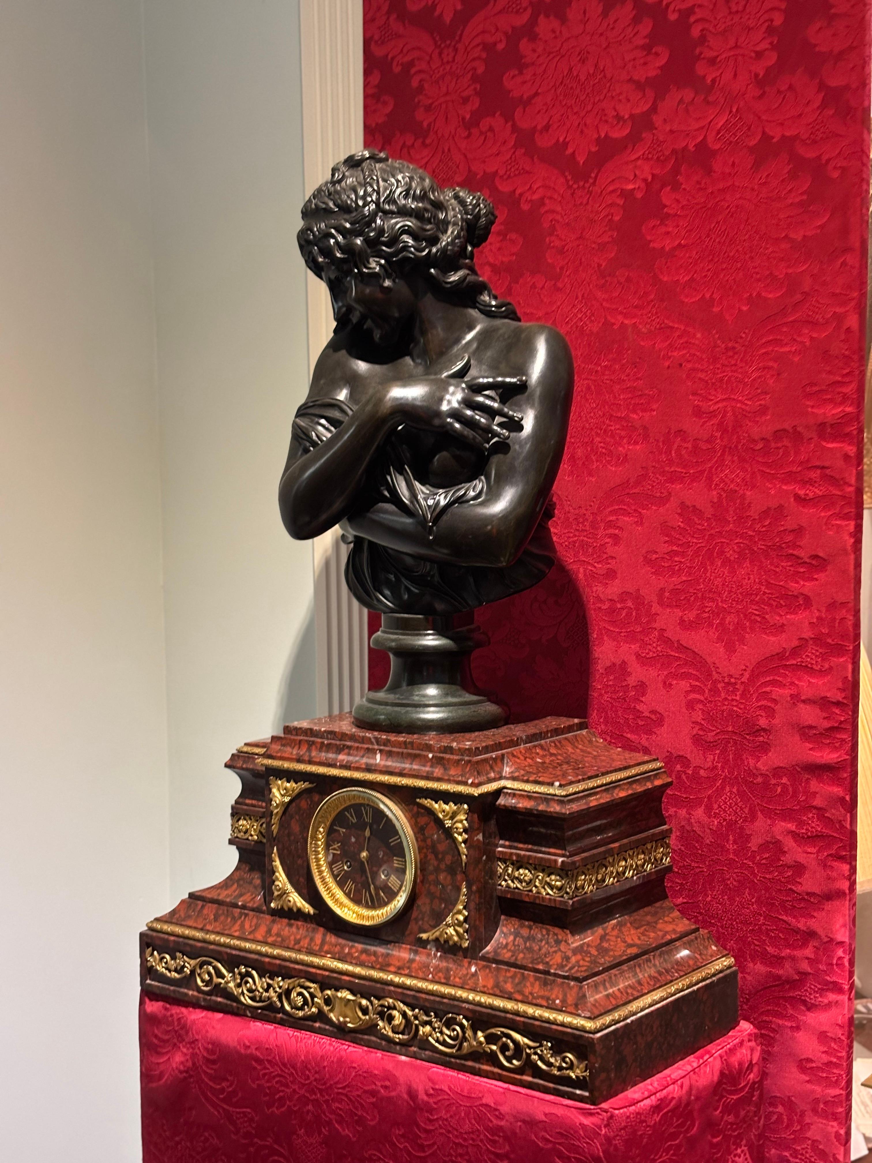Griotte Marble and Gilt Bronze Clock Mounted by a Classical Female Bronze Bust For Sale 8