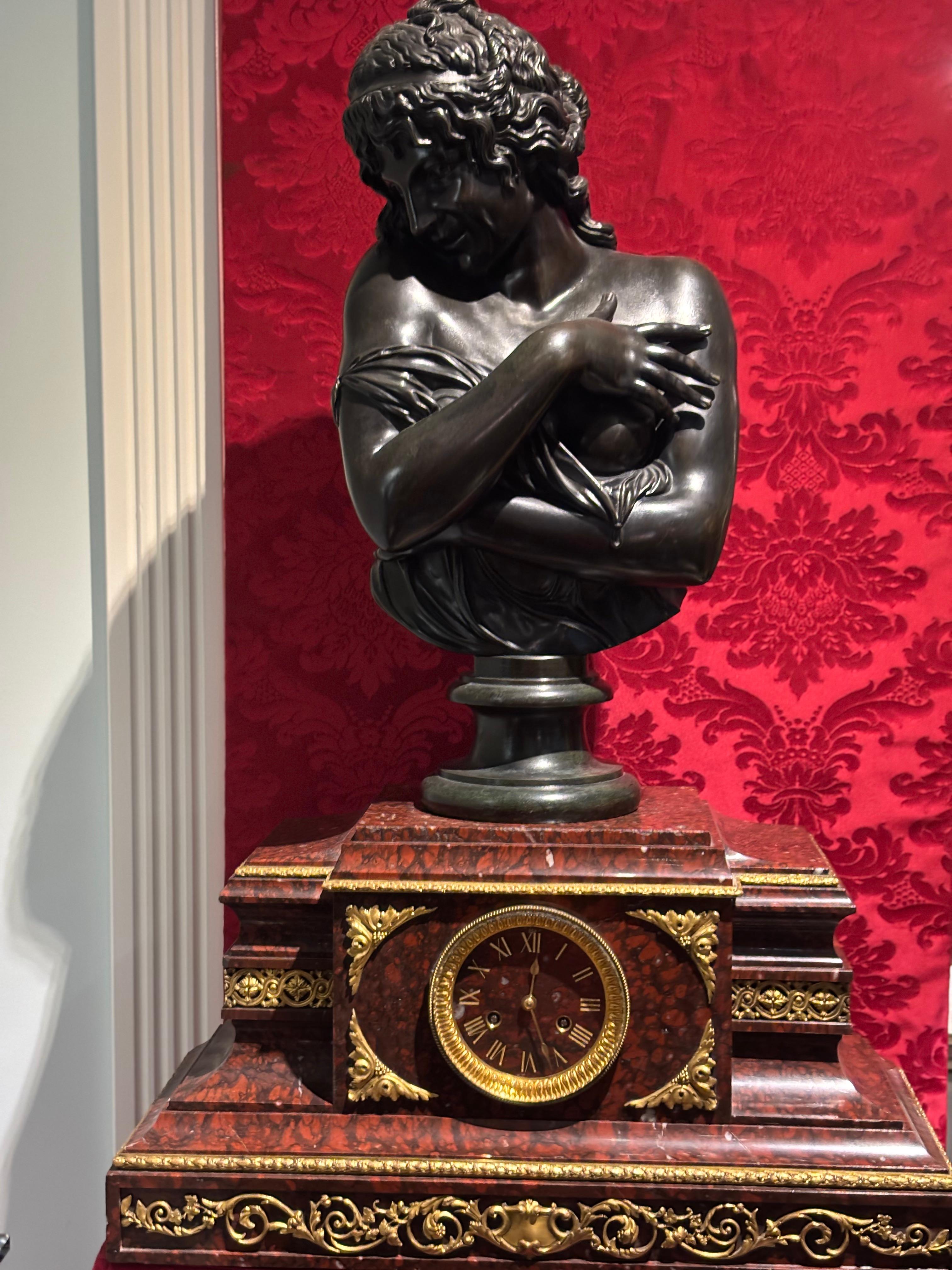 Griotte Marble and Gilt Bronze Clock Mounted by a Classical Female Bronze Bust For Sale 9