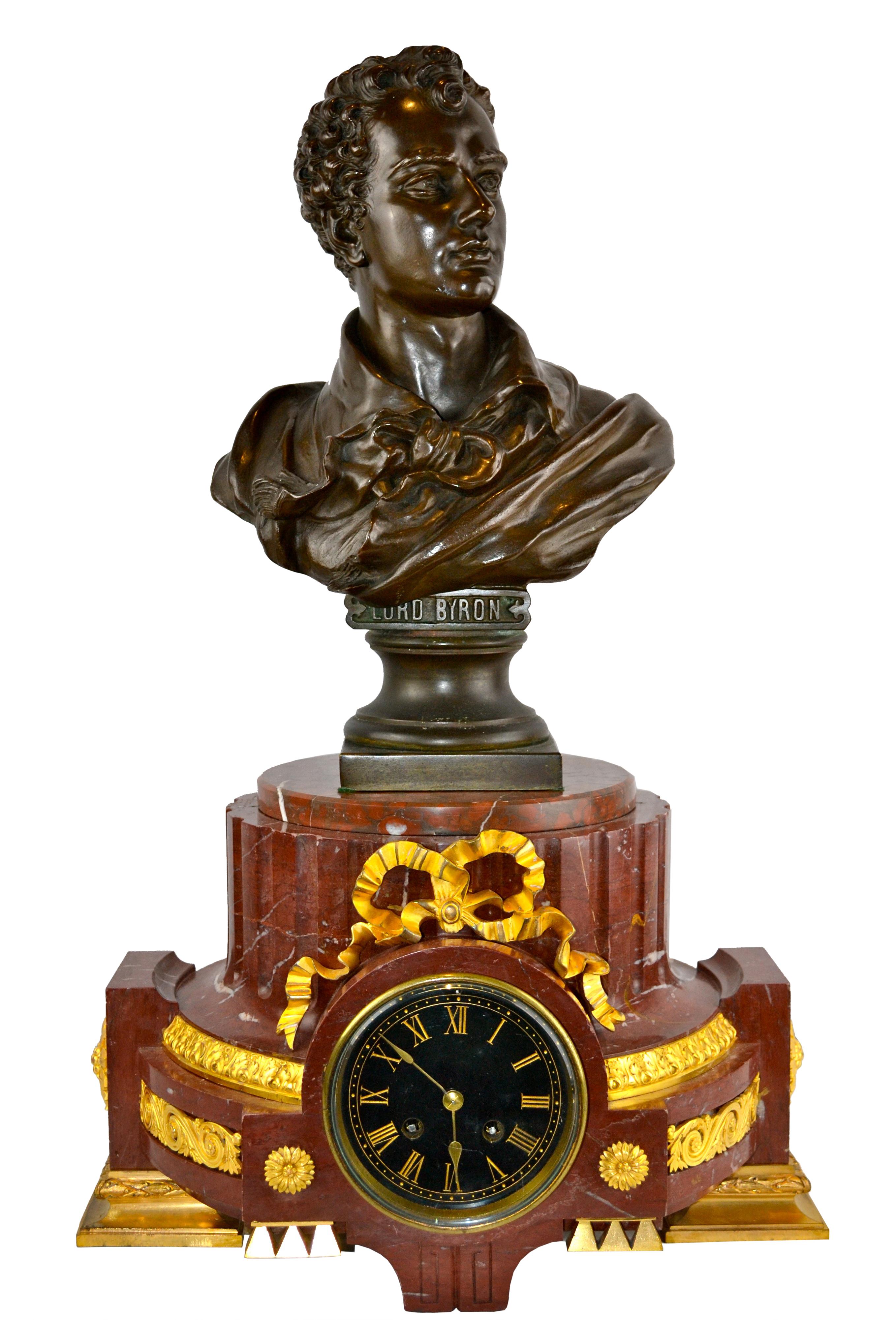 Napoleon III Marble and Gilt Bronze Clock Base Topped by a Bronze Bust of Lord Byron
