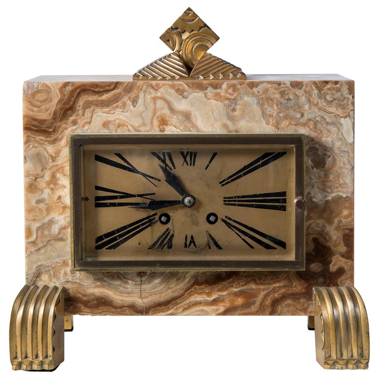 Marble and Gilt Bronze Clock, Machine Signed and Pottier, France, 1920 For Sale at