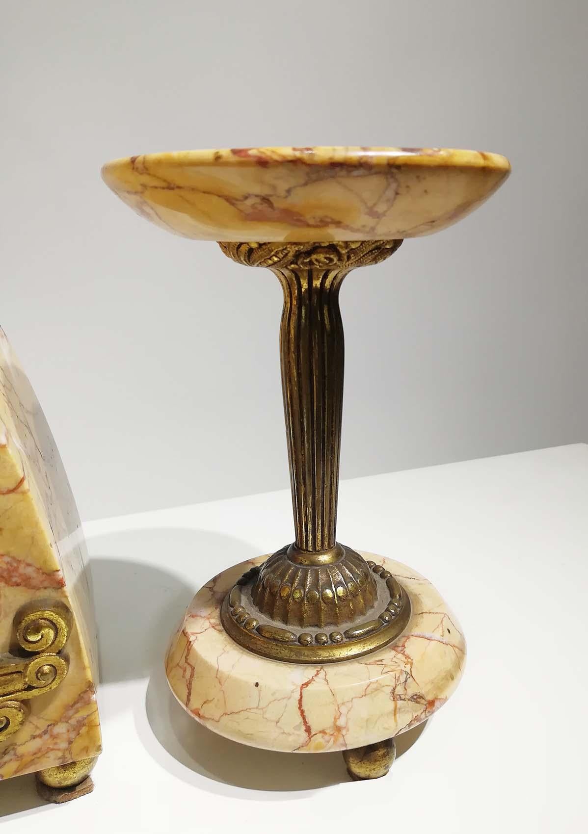 Art Deco Marble and Gilt Bronze Clock Set, Signed Bonnet and Pottier, France, 1930 For Sale