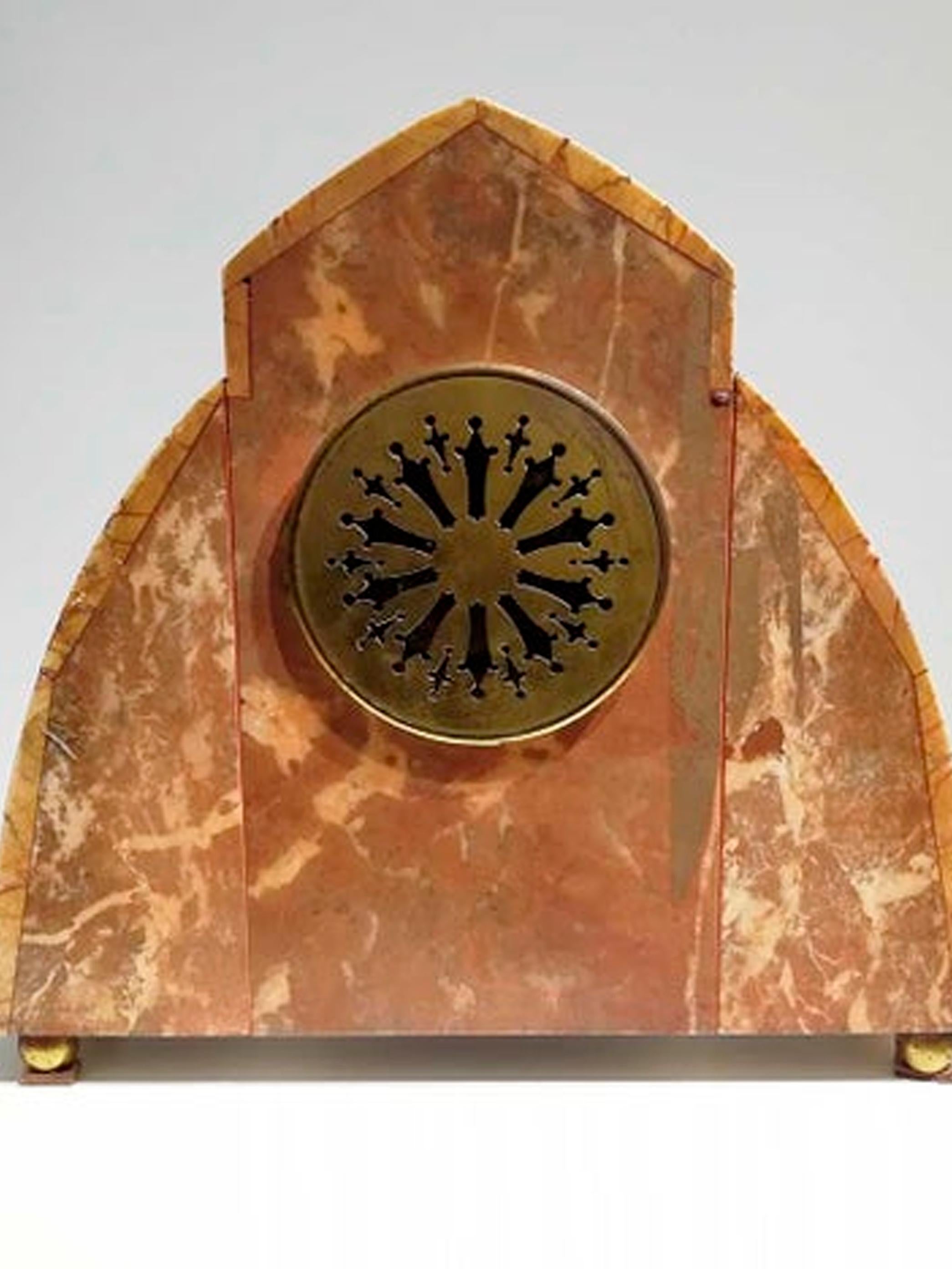 Art Deco Marble and Gilt Bronze Clock Set, Signed Bonnet and Pottier, France, 1930 For Sale