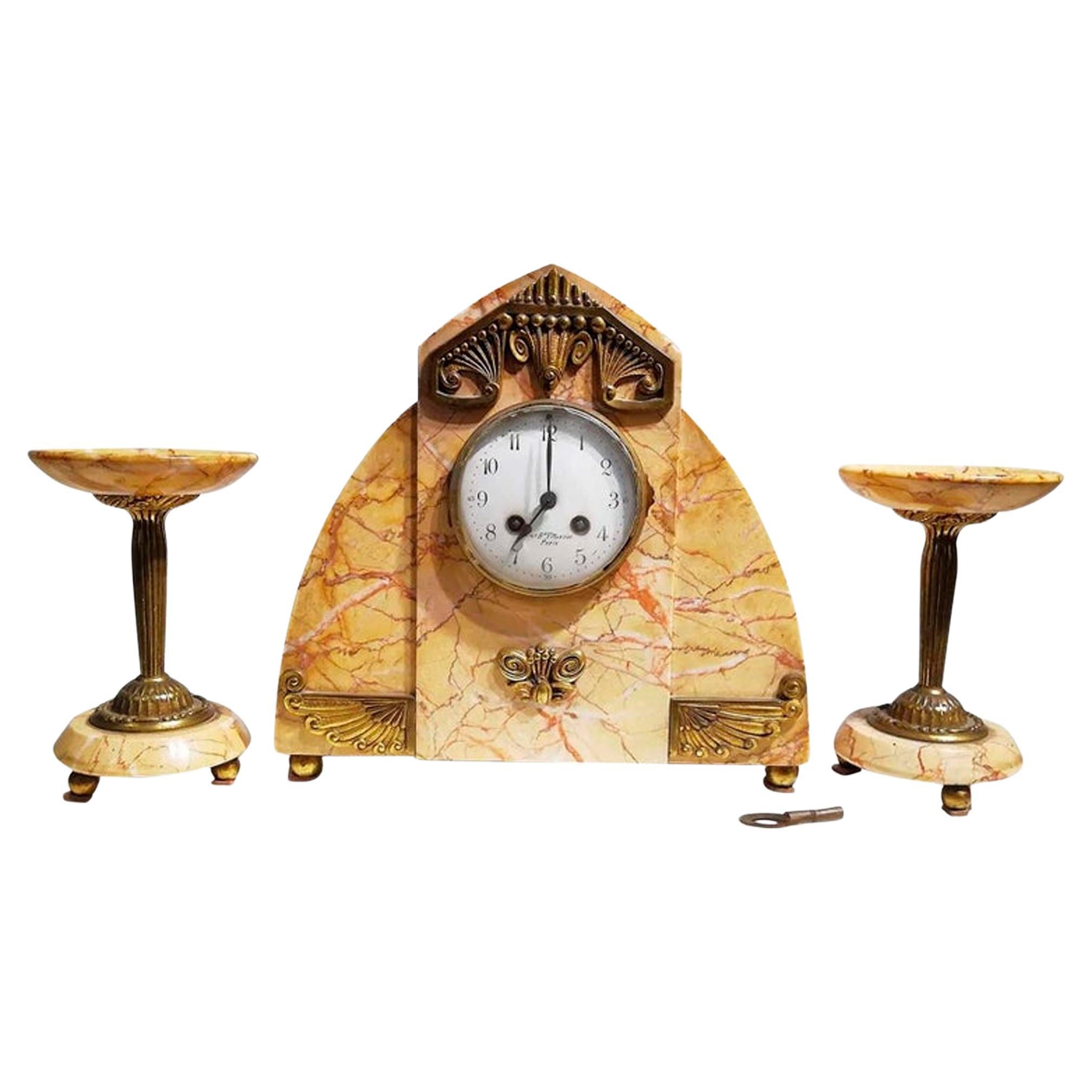 Marble and Gilt Bronze Clock Set, Signed Bonnet and Pottier, France, 1930 For Sale