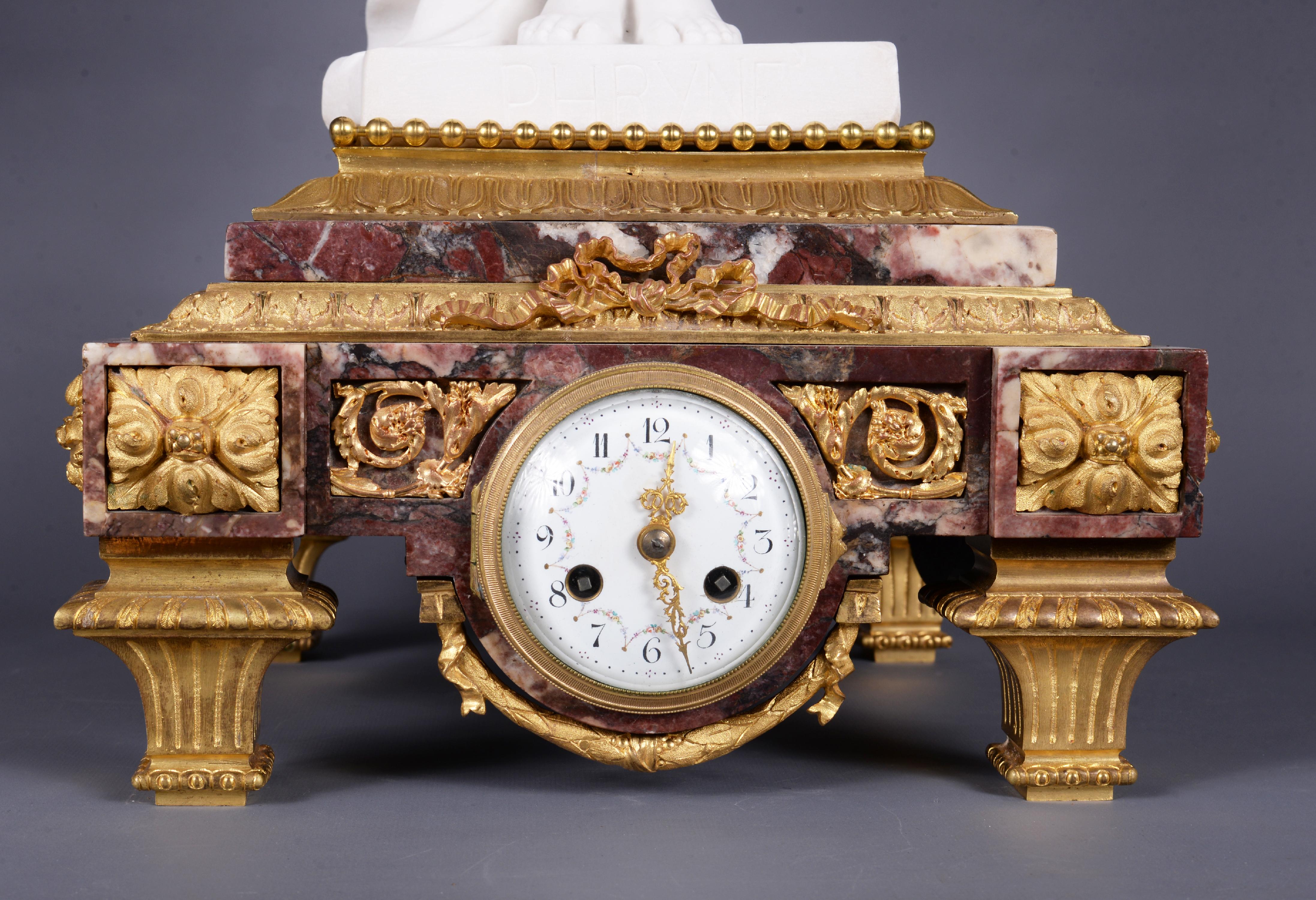 Marble and gilt bronze clock surmounted by a statuary white marble sculpture 3